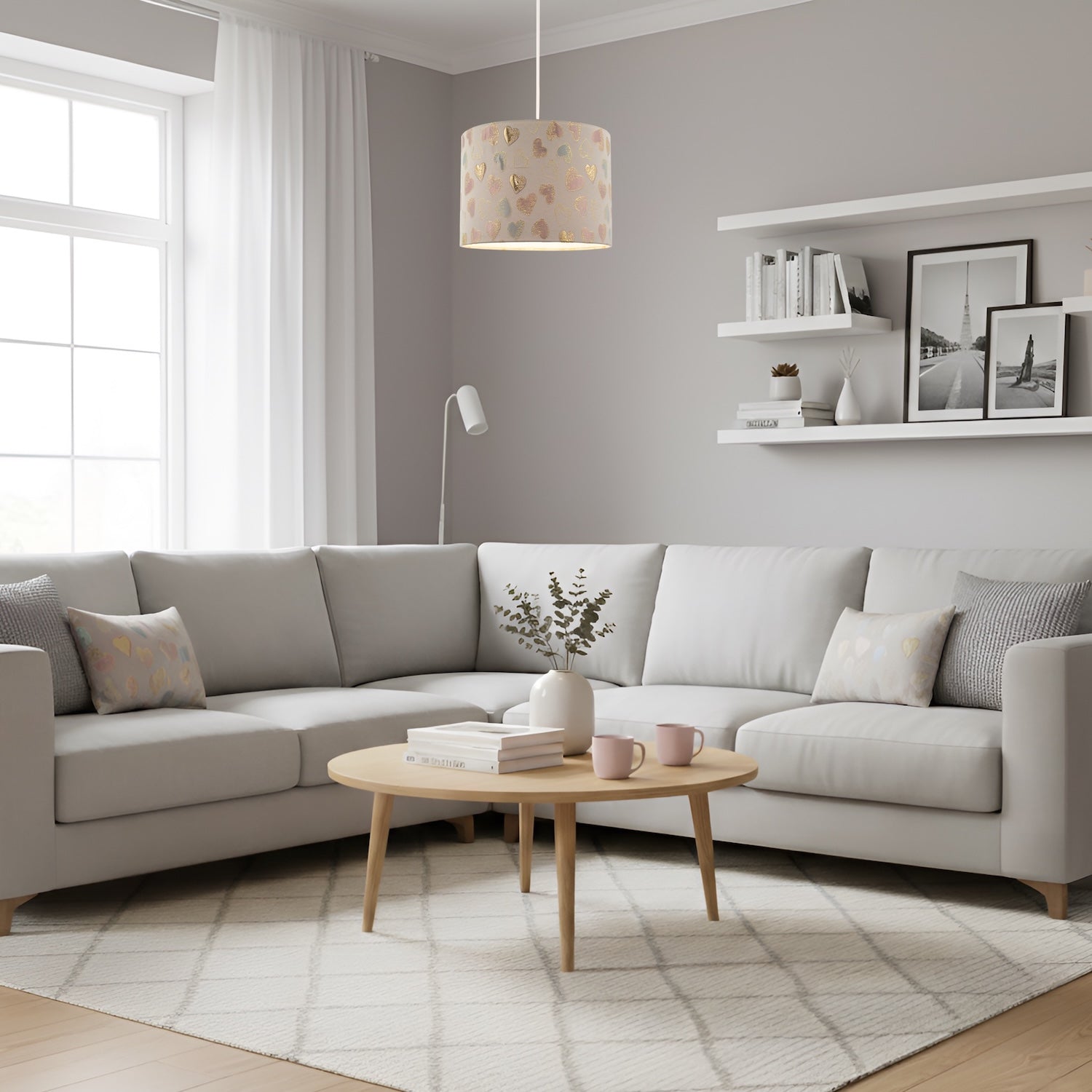 Feminine Pink Duck Egg and Shiny Gold Hearts Circular Lamp Shade Image 6