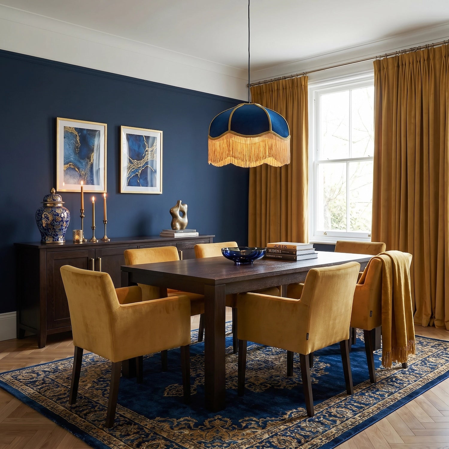 Domed Victorian Shape Lamp Shade in Navy Blue Velvet with Gold Trim Image 6