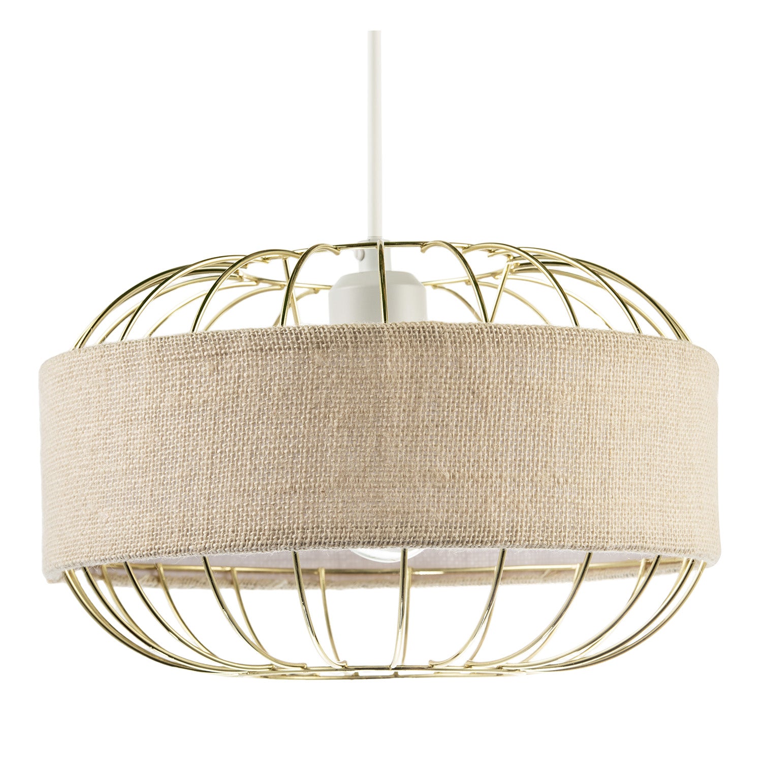 Unique Pendant Shade with Gold Metal Wire Frame and Linen Fabric Band Image 1