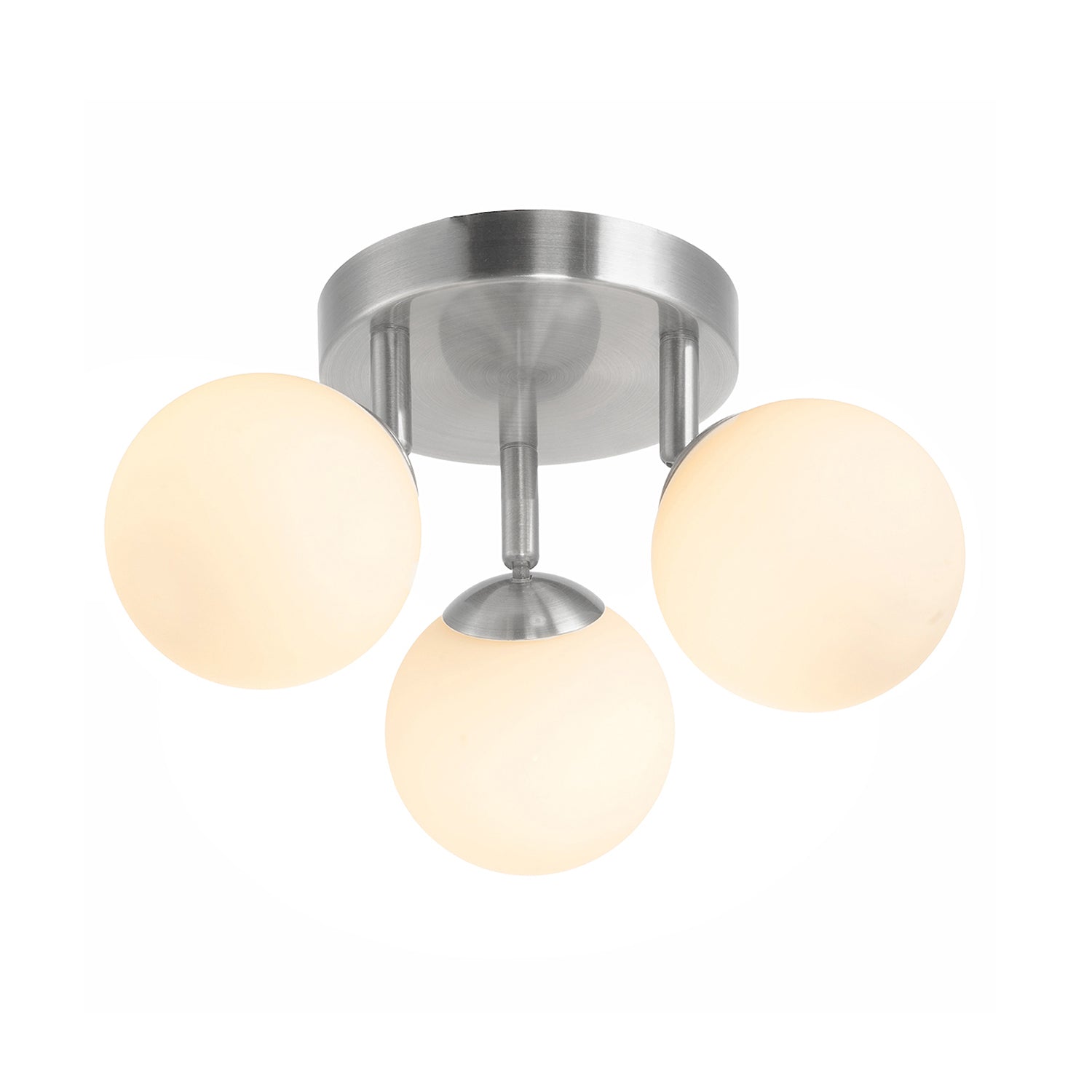 Modern Triple Opal Glass Globe IP44 Rated Bathroom Brushed Chrome Ceiling Light Image 1