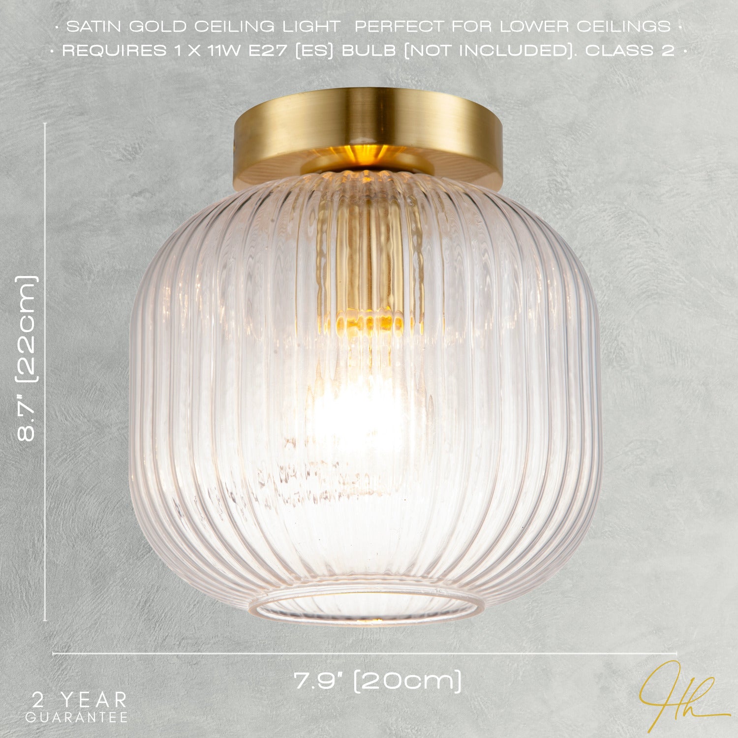Contemporary Satin Gold Ceiling Light with Clear Ribbed Glass Shade Image 7