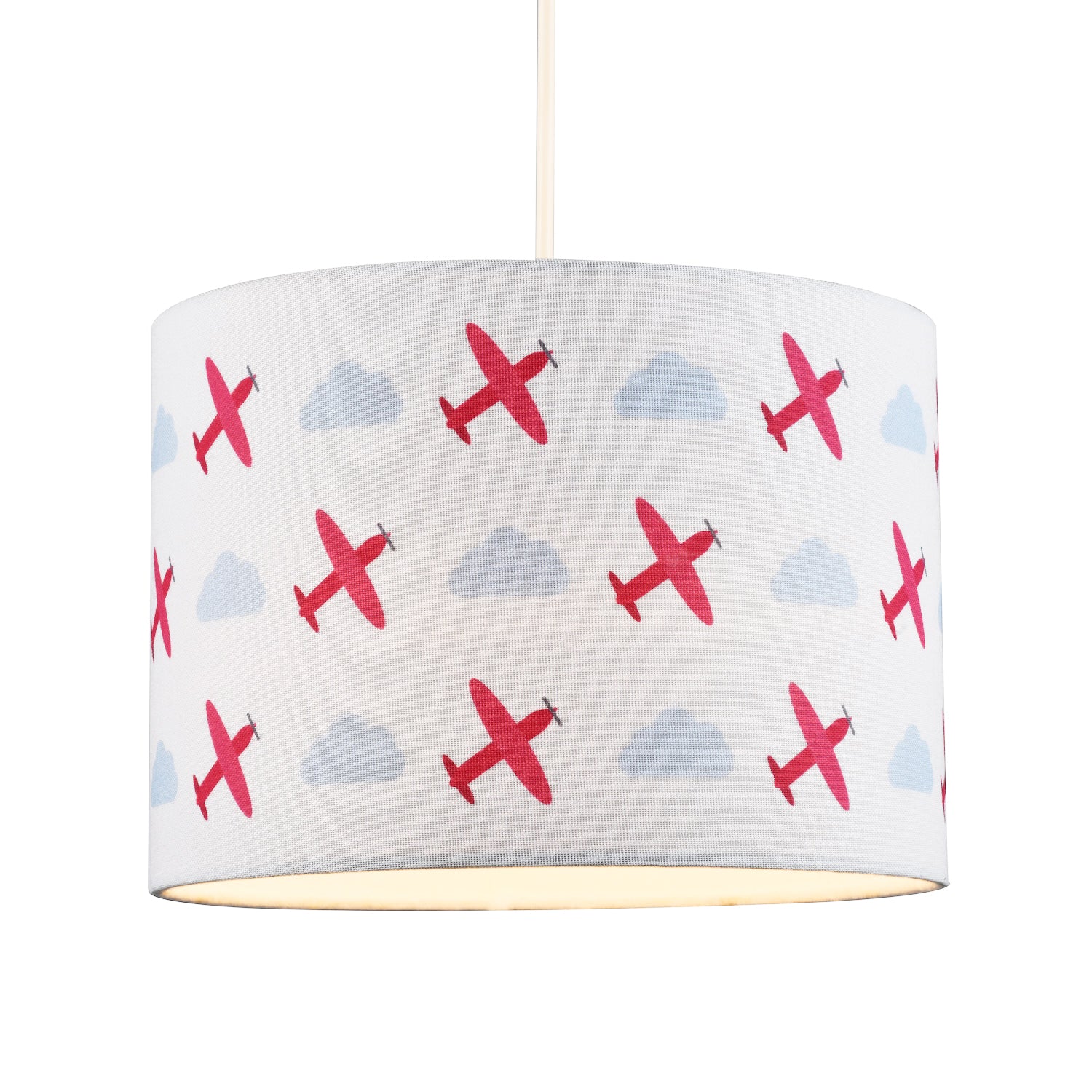 Childs Linen Fabric Drum Lamp Shade with Red Planes and Blue Clouds with Lining Image 3