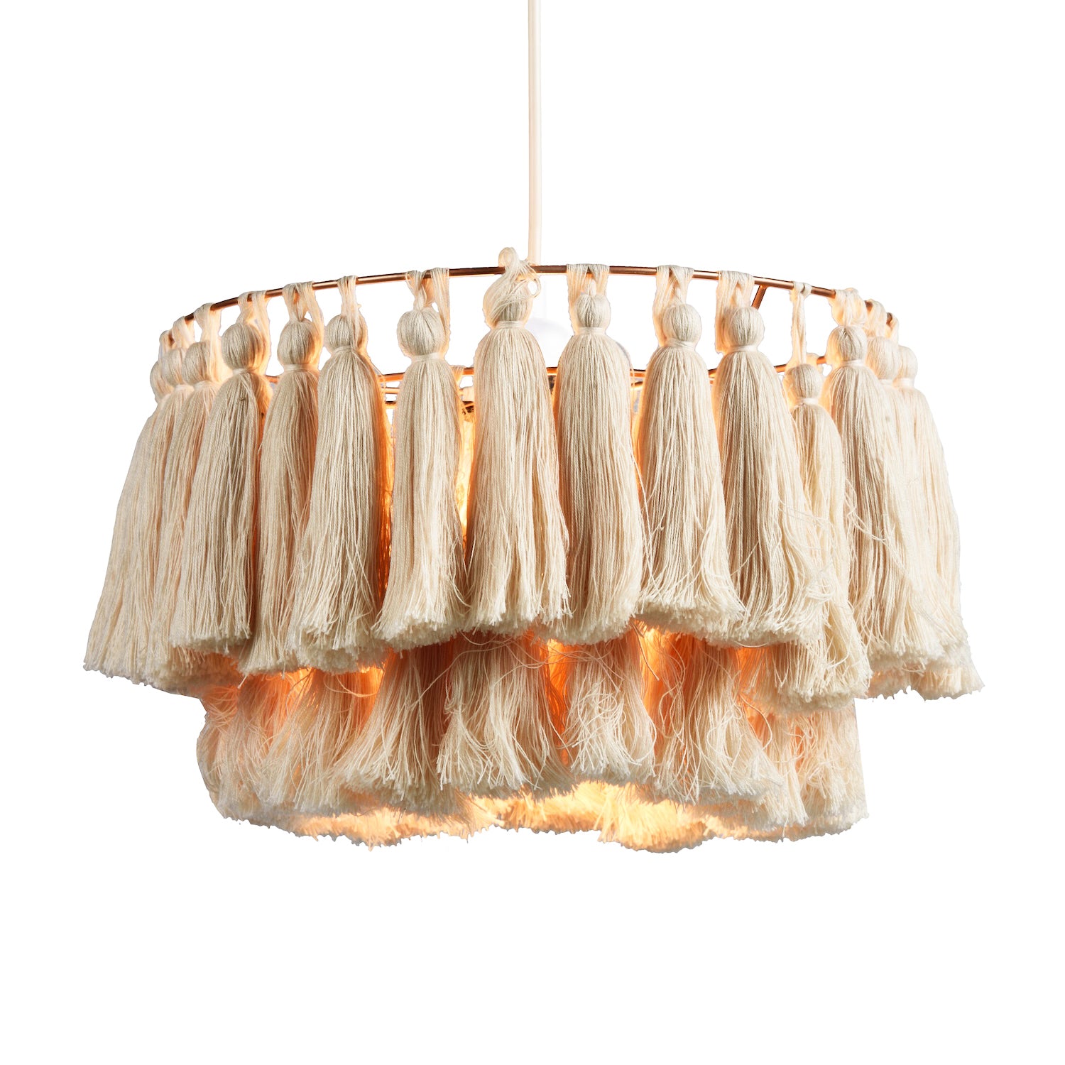 Shabby Chic Double Tier Cotton Tassels Pendant Light Shade with Rose Gold Frame Image 1