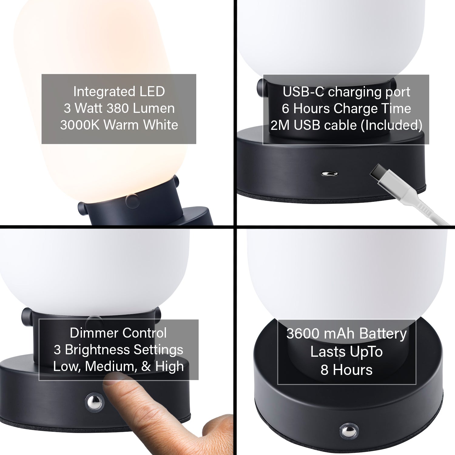 Chic Matte Black Rechargeable Touch Dimmable Table Lamp with Rounded White Shade Image 4