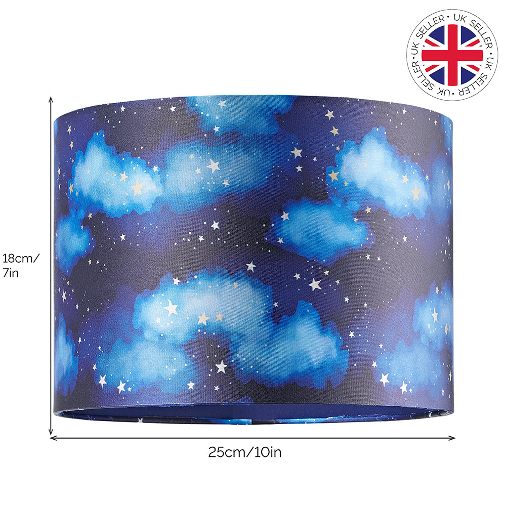 Modern Navy Blue Childrens Lamp Shade with Bright Gold Stars and White Clouds Image 6