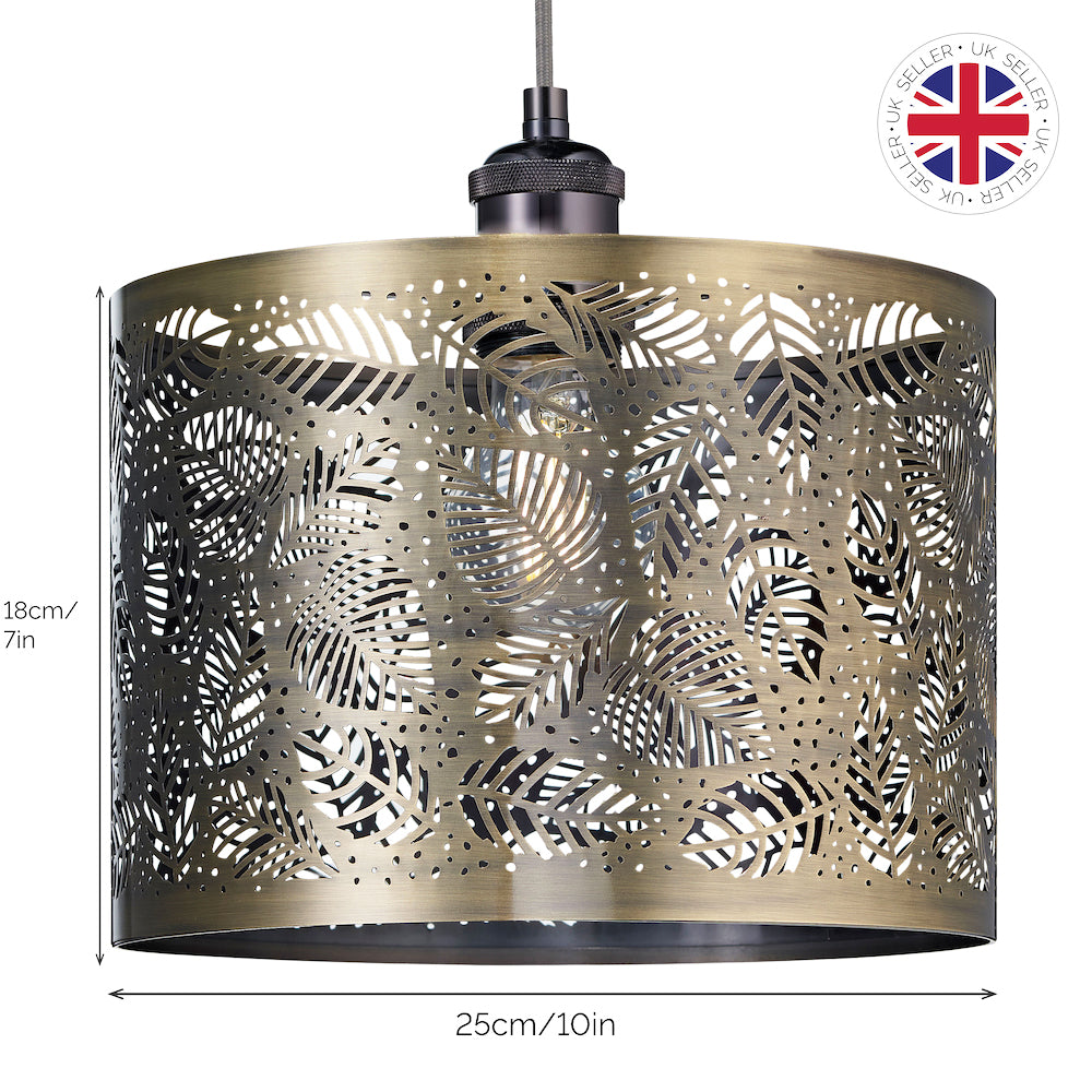 Contemporary Antique Brass Metal Pendant Light Shade with Fern Leaf Decoration Image 6