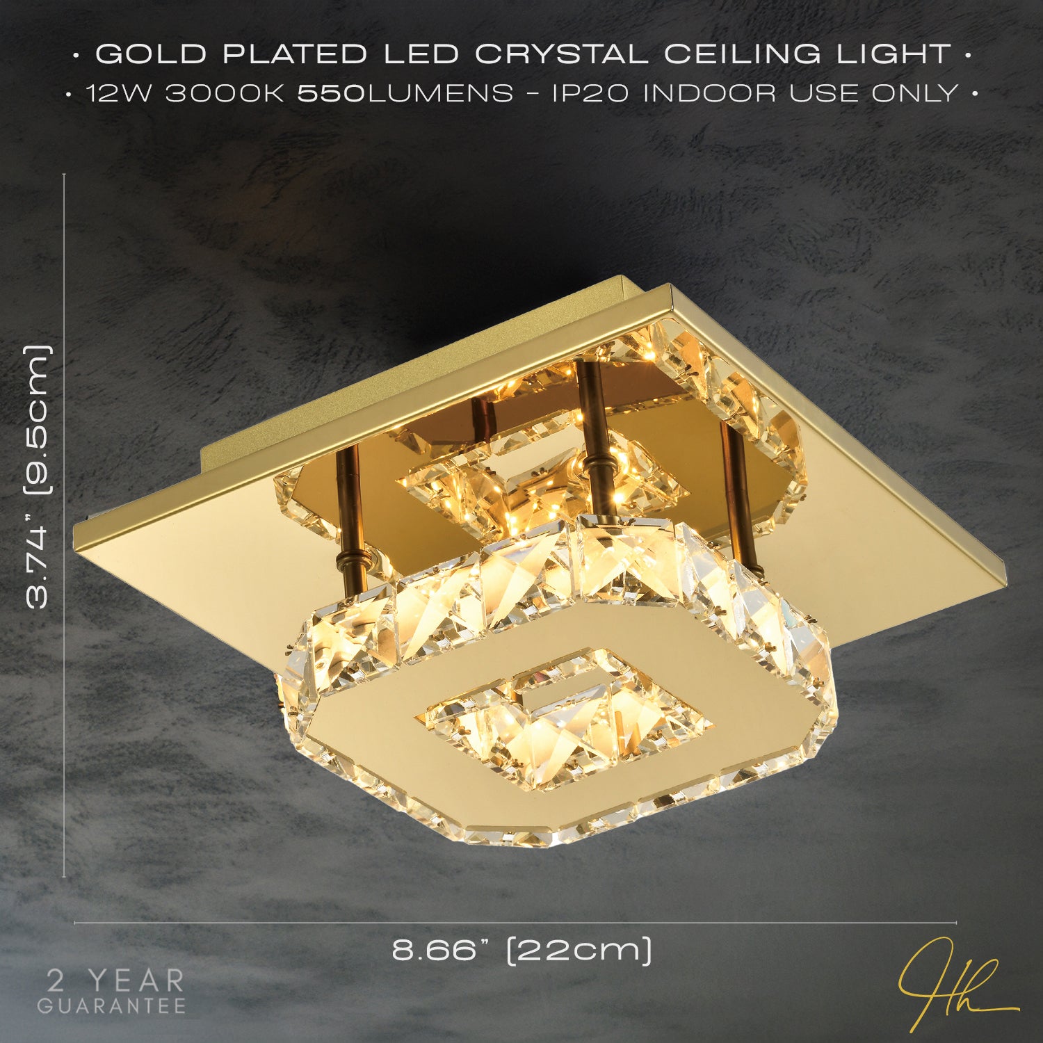 Modern LED Ceiling Light with Gold Square Metal and Clear Crystal Glass Beads Image 7