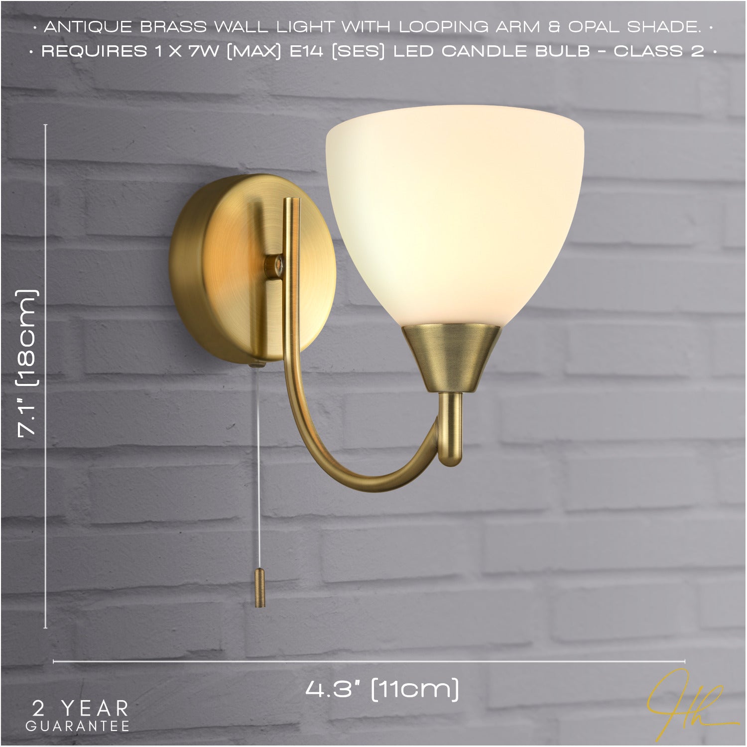 Contemporary Pull Switched Wall Light in Antique Brass with White Glass Shade Image 6