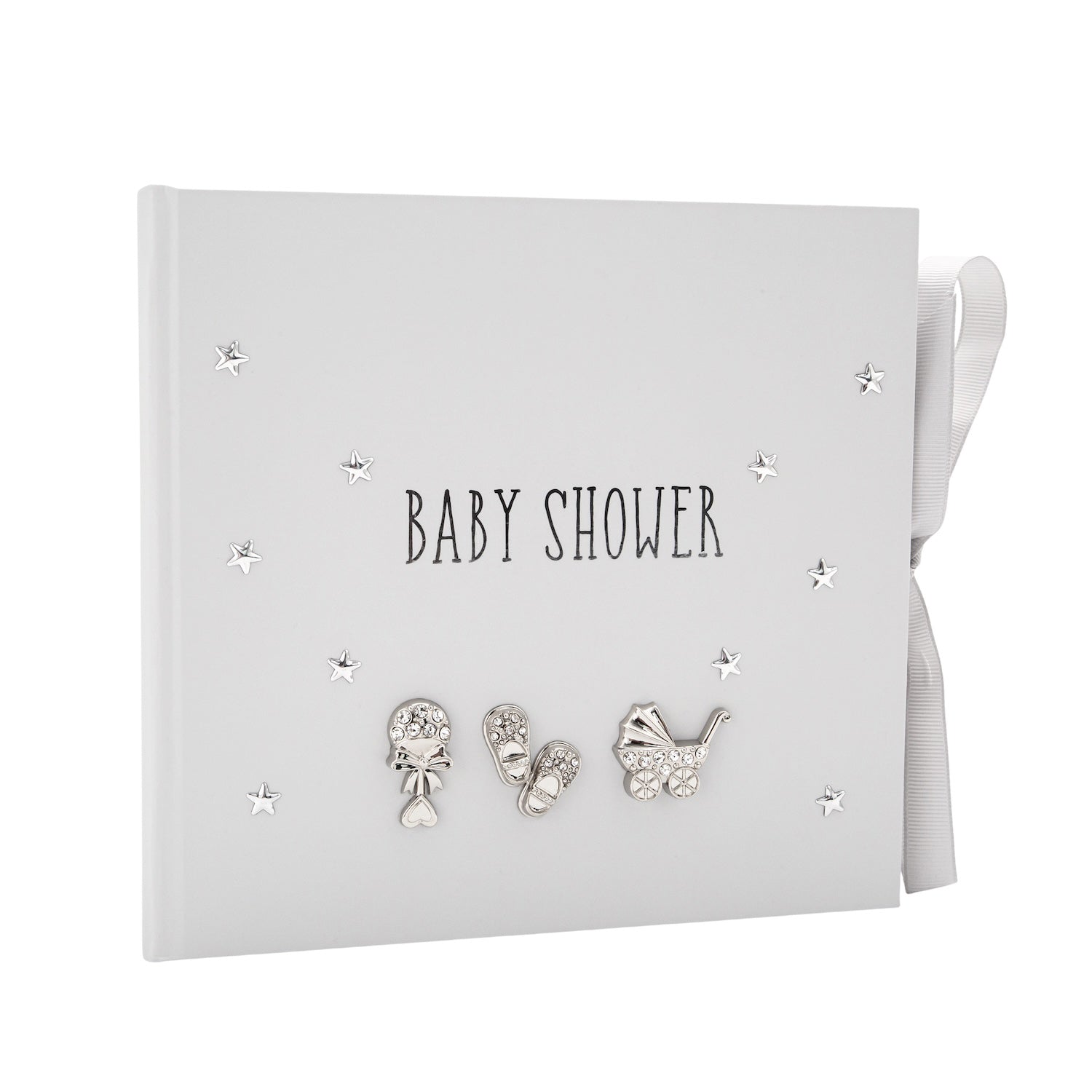 Baby Shower Photo Album with Silver Plated Rattle Pram and Booties Image 1