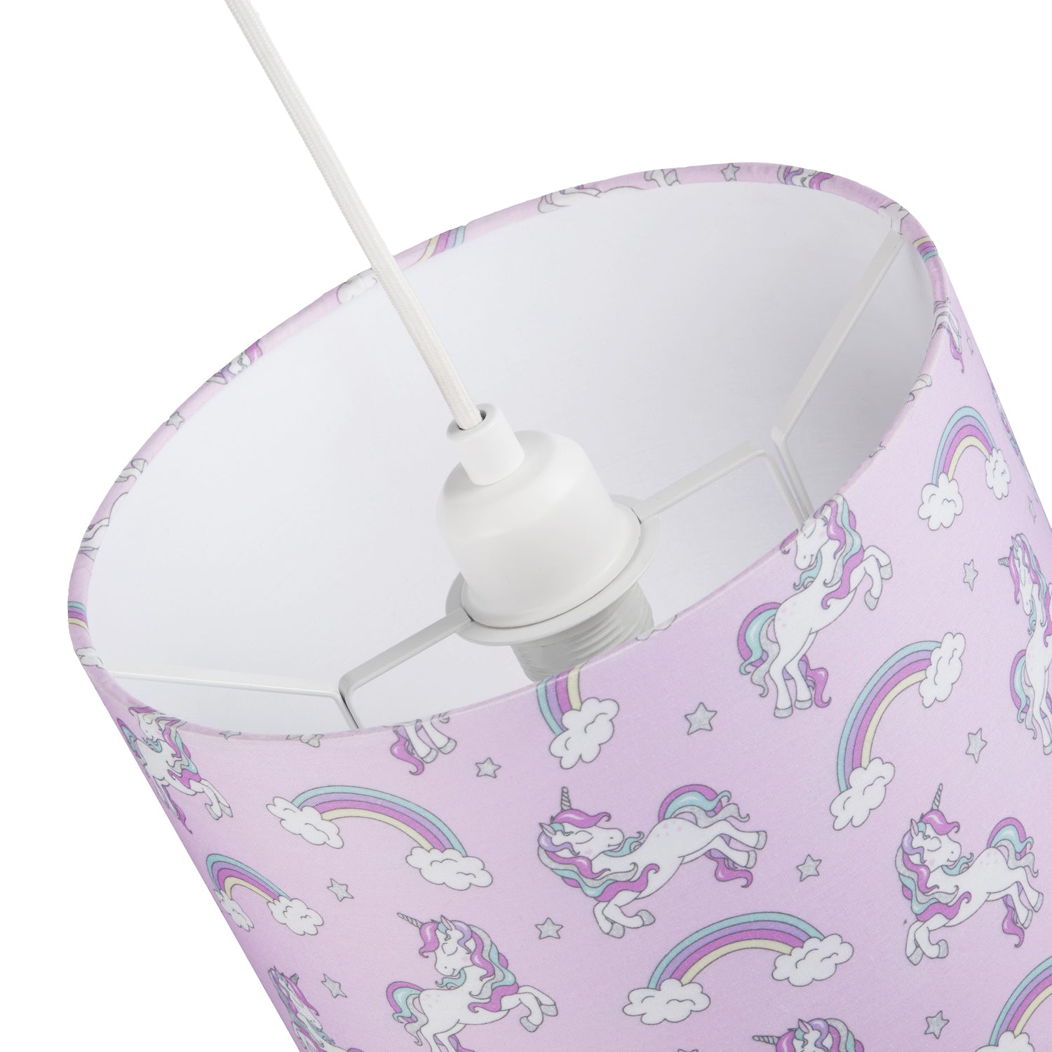 Beautiful Modern Soft Lilac Cotton Lampshade with Unicorns Clouds and Rainbows Image 4