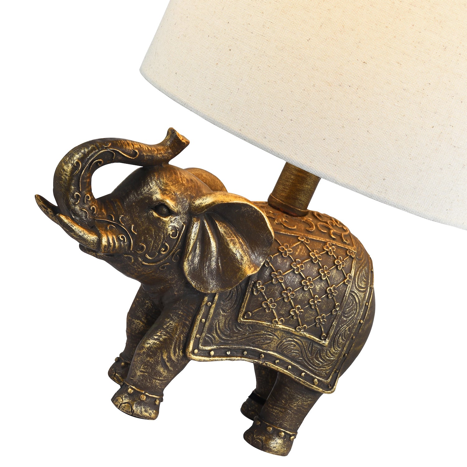 Antique Gold Vintage Elephant Resin Lamp with Off-White Oatmeal Linen Shade Image 2