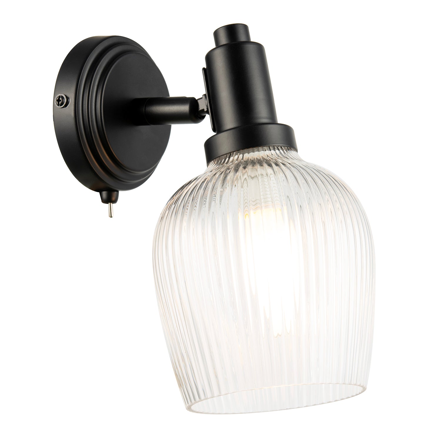 Classy Matte Black Switched Wall Light with Clear Ribbed Glass Shade Image 2