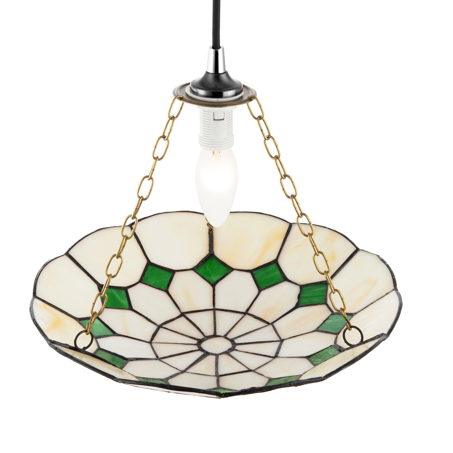 Classic Amber Stained Glass Tiffany Pendant Lighting Shade with Green Diamonds Image 3