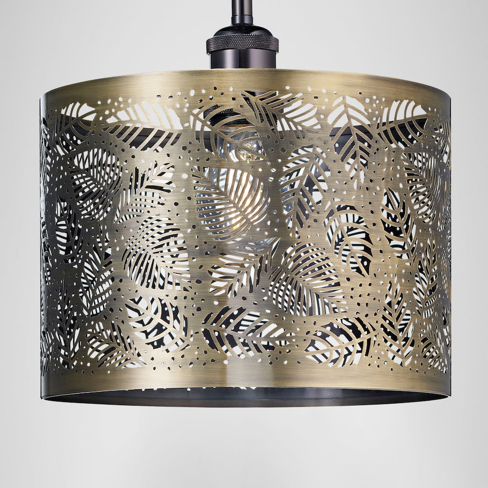 Contemporary Antique Brass Metal Pendant Light Shade with Fern Leaf Decoration Image 7