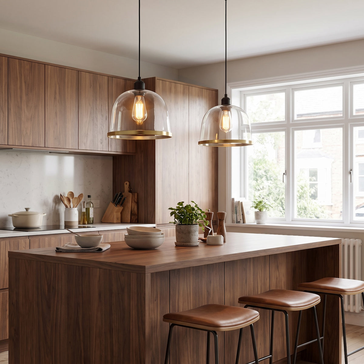 Modern Clear Glass Bowl Pendant Light Shade with Antique Brass Rim Image 6