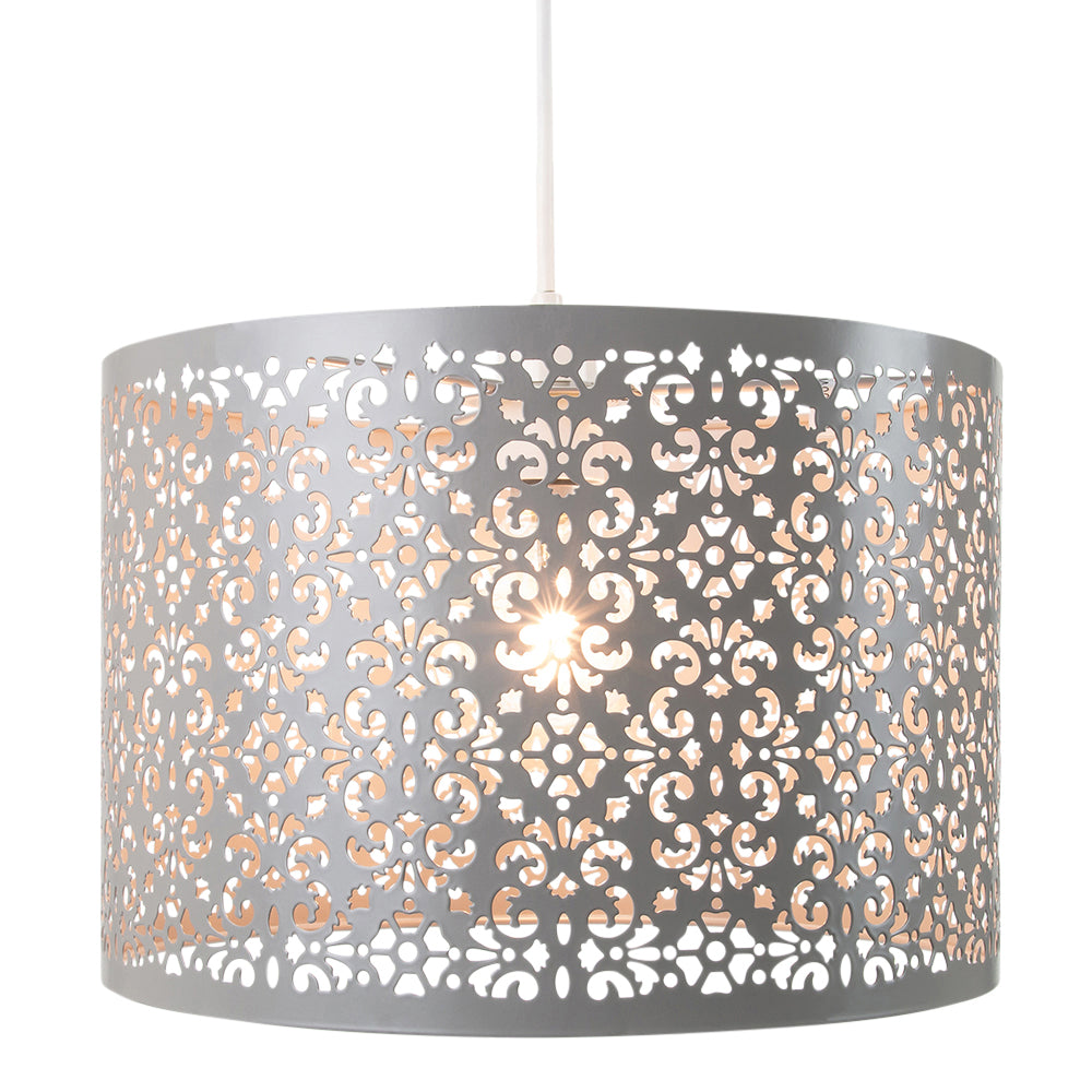 Marrakech Designed Soft Grey Metal Pendant Light Shade with Floral Decoration Image 2