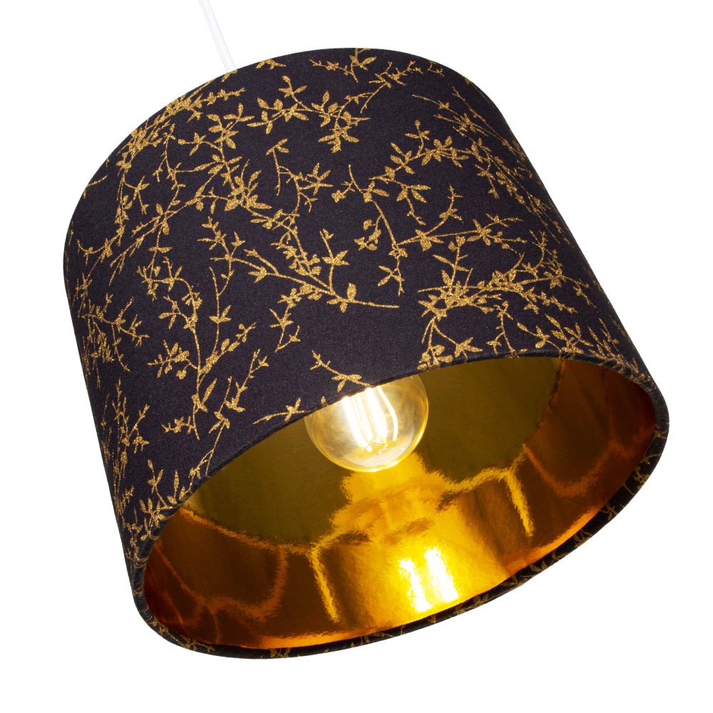 Modern Jet Black Cotton Fabric 10" Lamp Shade with Gold Foil Floral Decoration Image 4