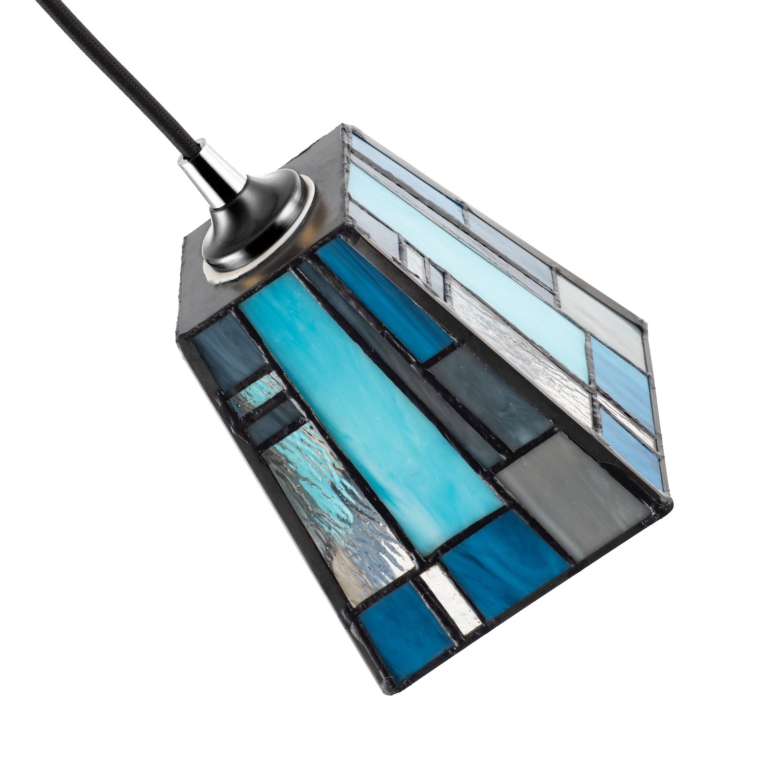 Art Deco Tiffany Stained Glass Pendant Lamp Shade with Pale and Navy Blue Panels Image 5