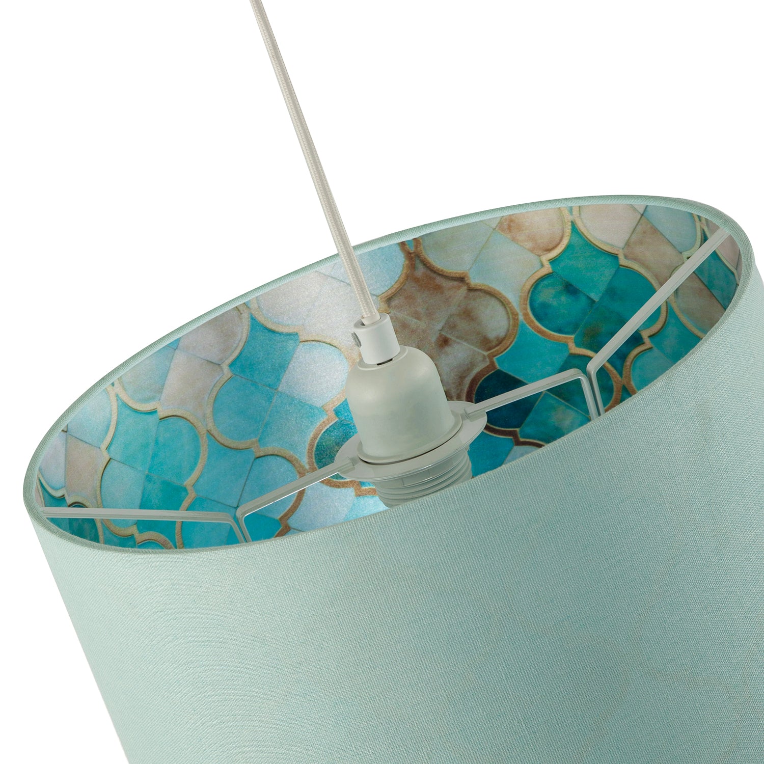 Designer Duck Egg Linen Lamp Shade with Moroccan Scale Pattern Lining Image 5