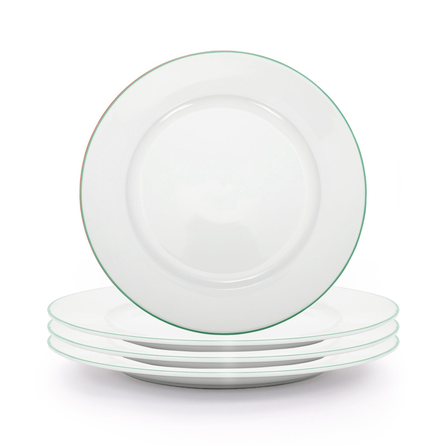 Set of 4 Durable White Ceramic Side Plates with Elegant Green Rim Image 1