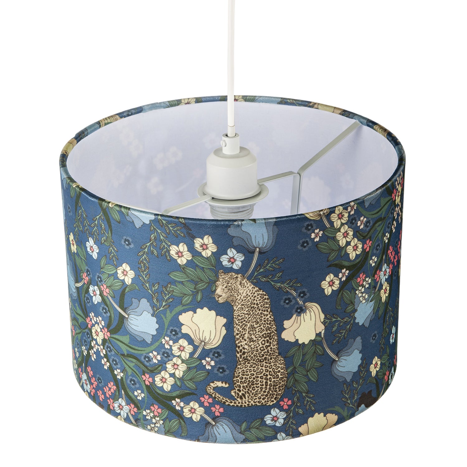 Rich Midnight Blue Lampshade with Leopard and Botanical Foliage Design Image 3