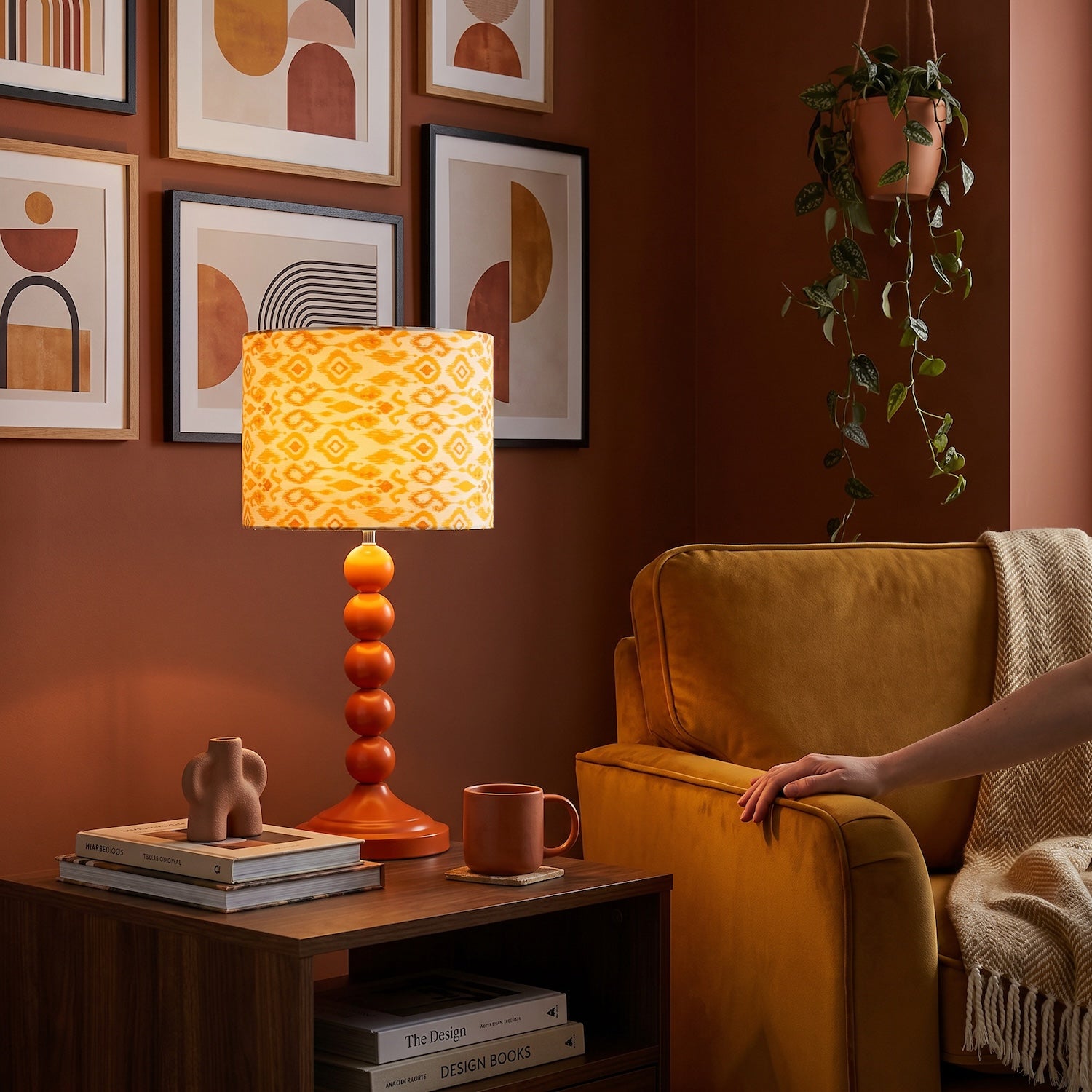 Chic Orange Table Lamp with Aztec Style Yellow and Orange Fabric Shade Image 6