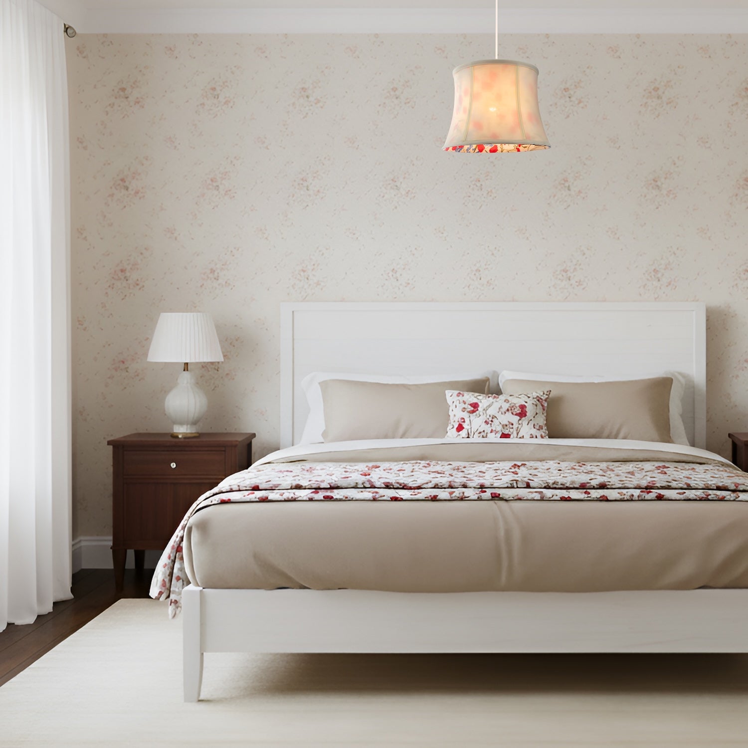 Classic Curved Cream Cotton Drum Shade with Blue and Red Floral Inner Image 6