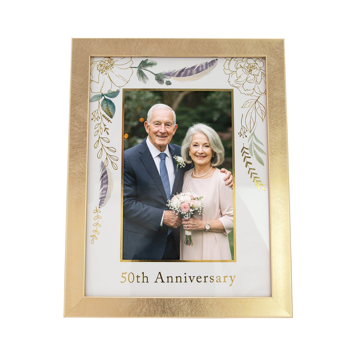 Modern 50th Anniversary 4x6 Frame in Brushed Gold with Floral Decor Image 3