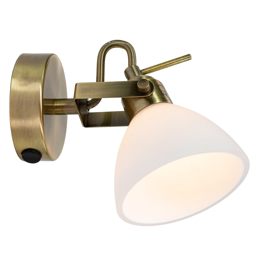 Contemporary and Chic Antique Brass Wall Spot Light with Switch and Glass Shade Image 5