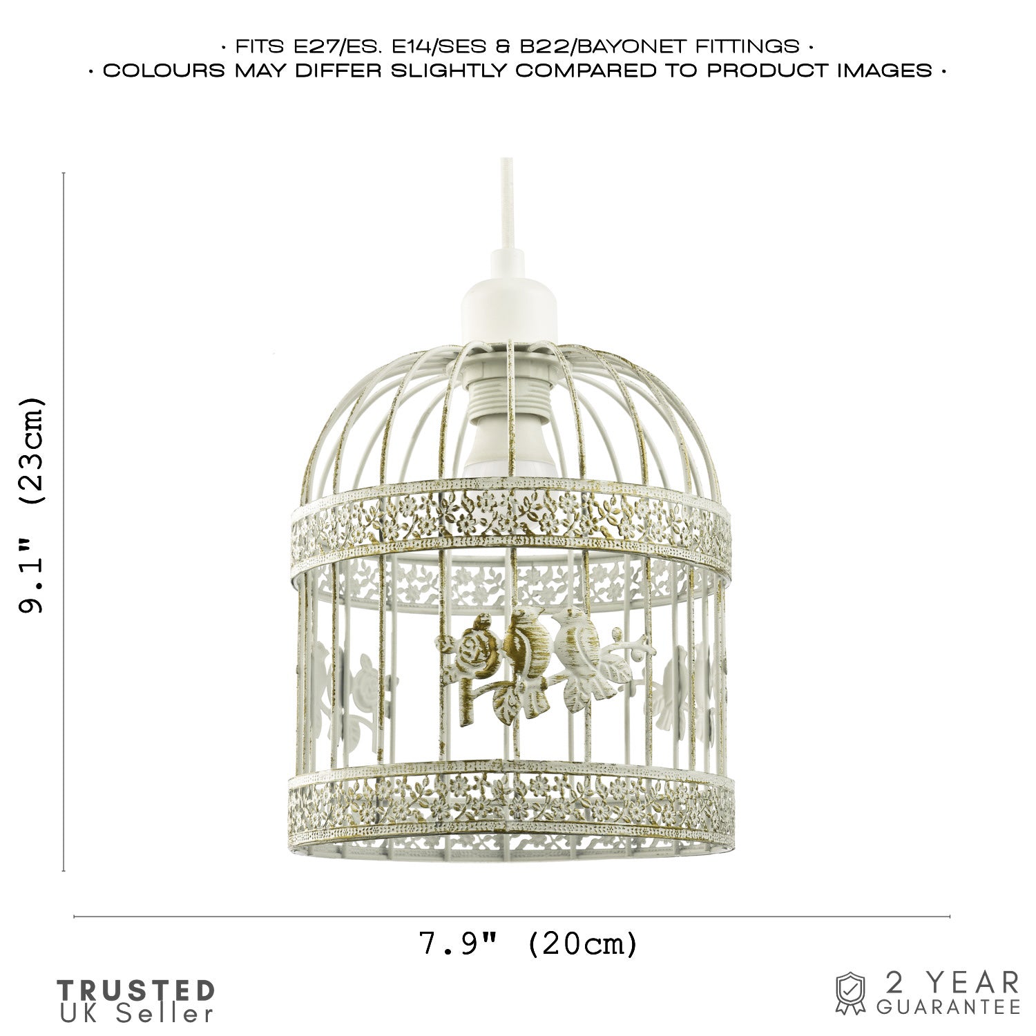 Shabby Chic Brushed Cream and Gold Birdcage Shade with 3D Flowers and Birds Image 7