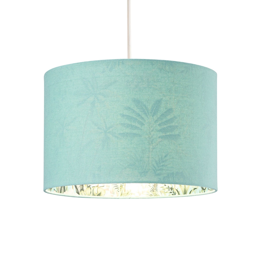 Designer Jungle Print Duck Egg Lamp Shade with Palm Trees, Sloths and Elephants Image 2