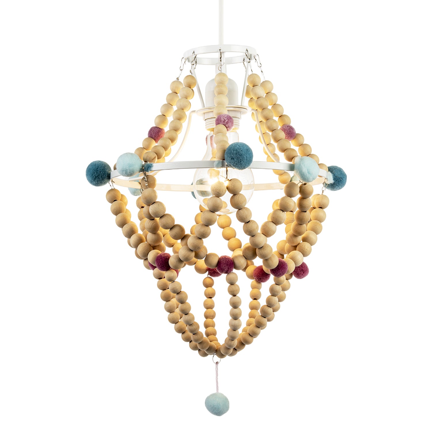 Wooden Beaded Chandelier Style Pendant Shade with Coloured Pom Poms Image 2