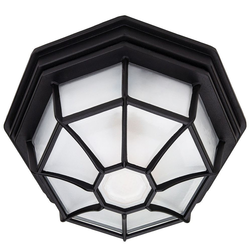 Traditional Hexagonal Matt Black Flush Ceiling Porch Light Fitting with Glass Image 1