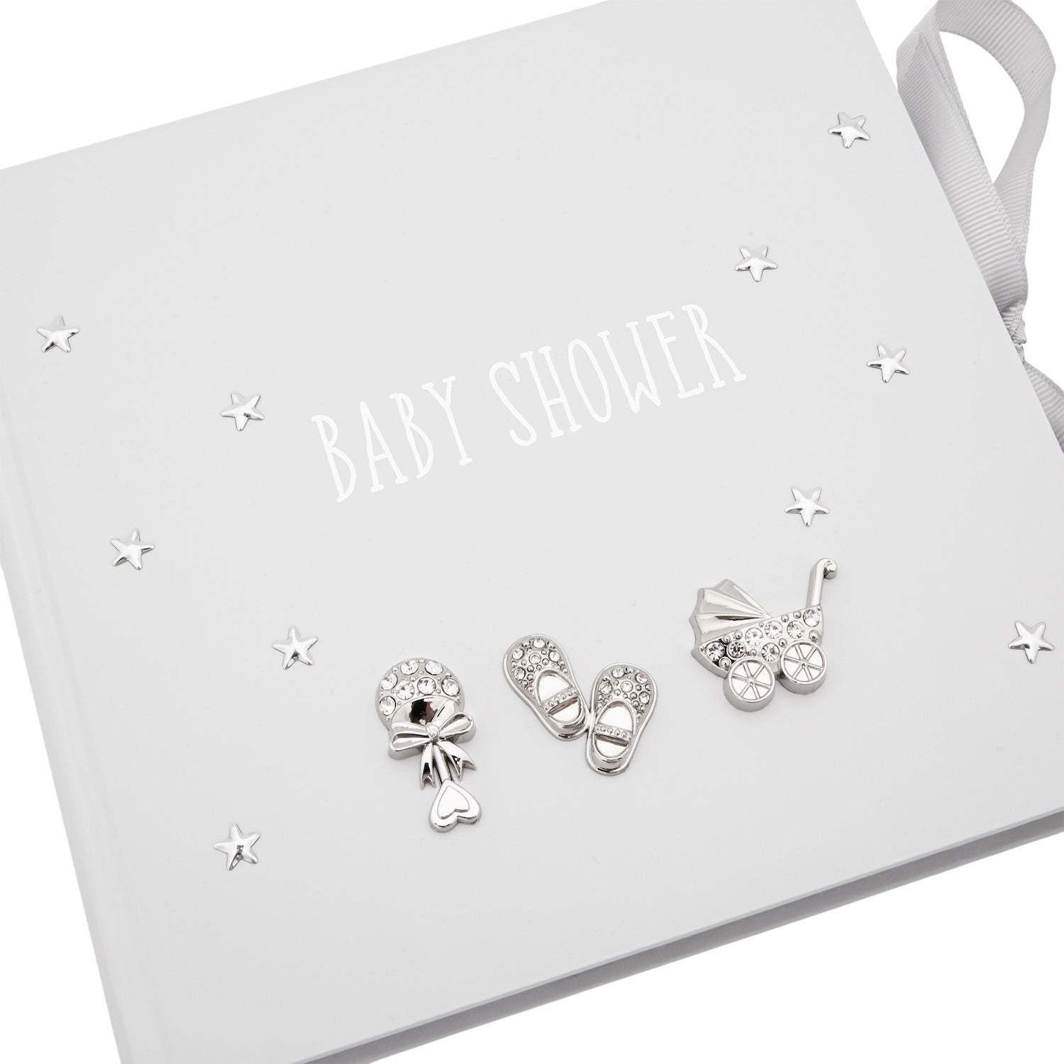 Baby Shower Photo Album with Silver Plated Rattle Pram and Booties Image 3