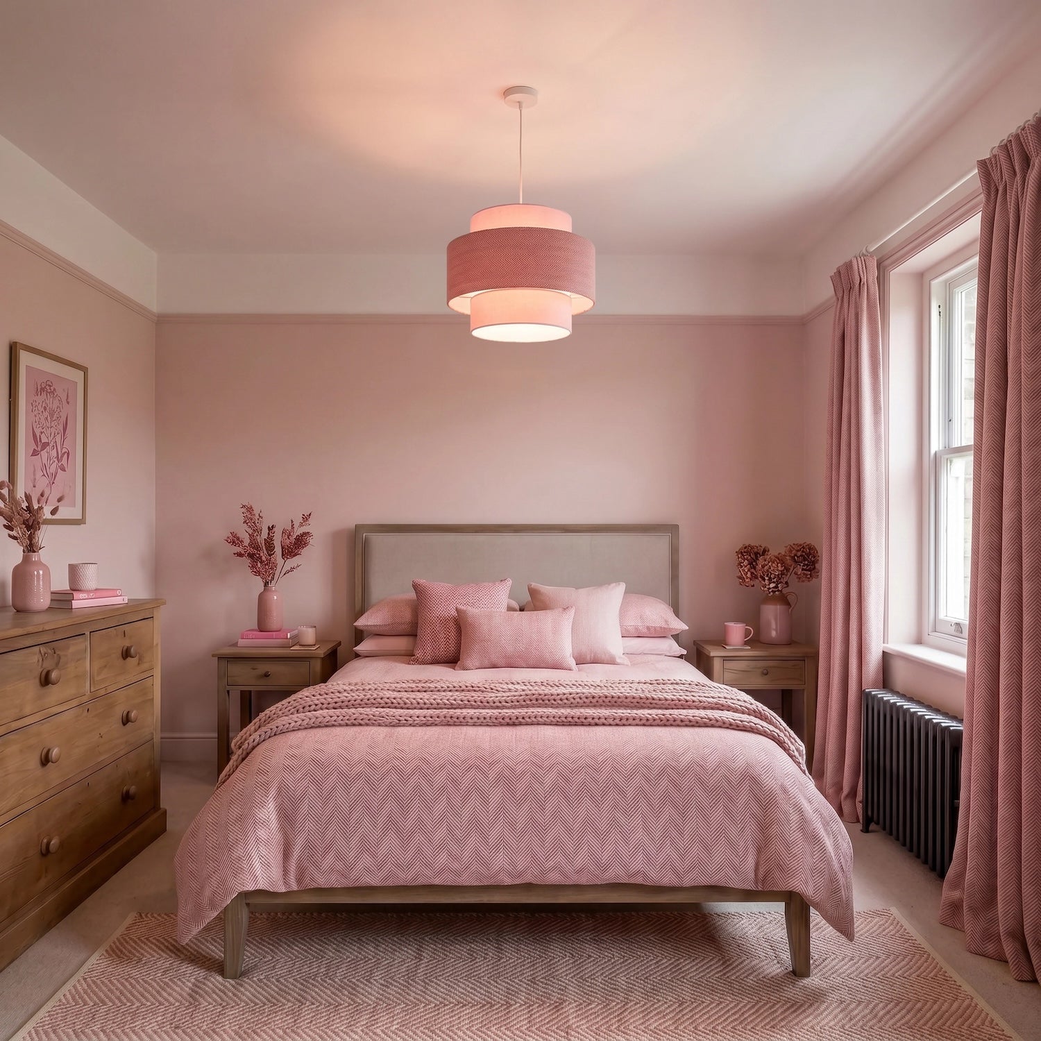 Modern Soft Pink Herringbone Linen Triple Tier Design Pendant Shade Image 6
