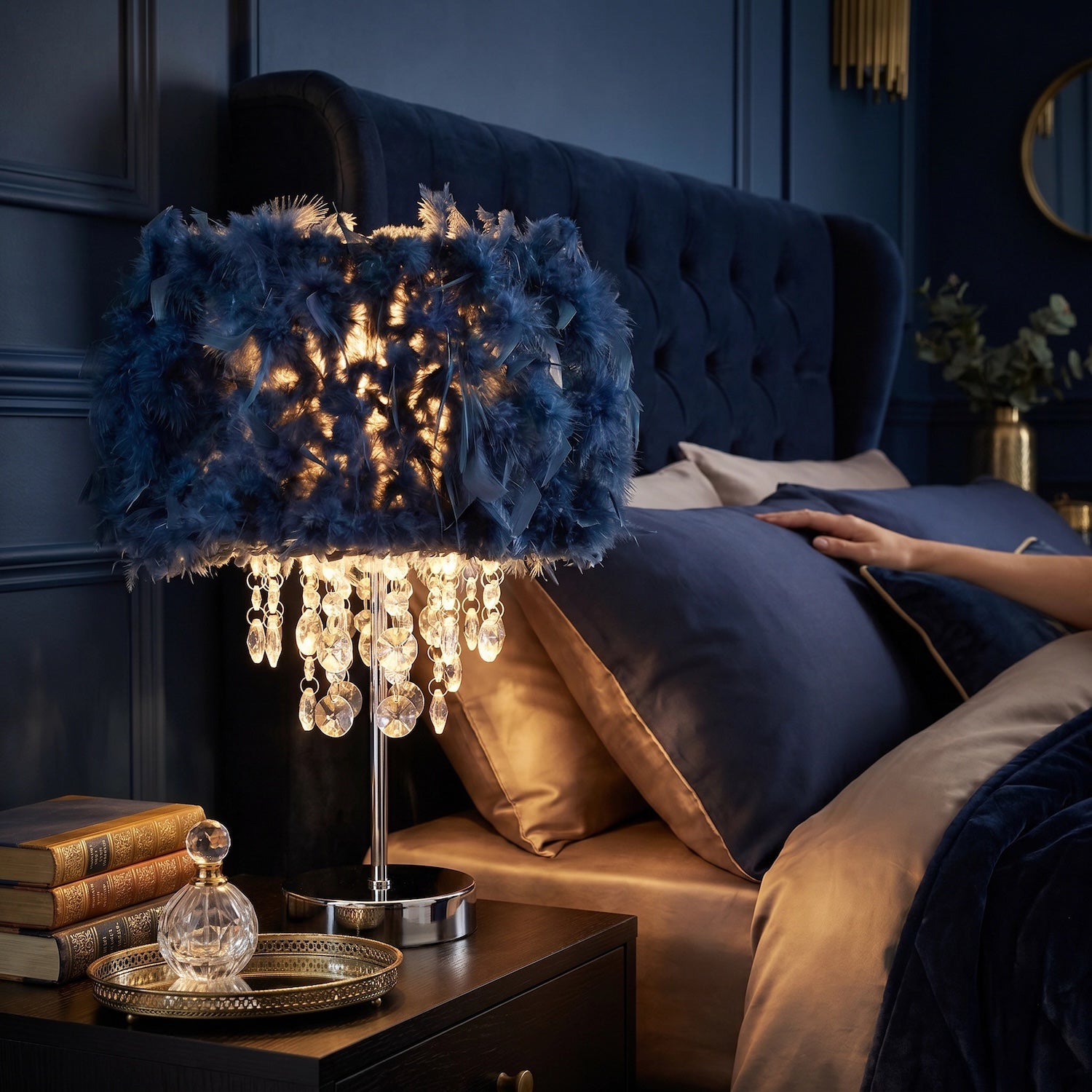 Chandelier Style Midnight Blue Feather Table Lamp with Waterfall Drops Image 6