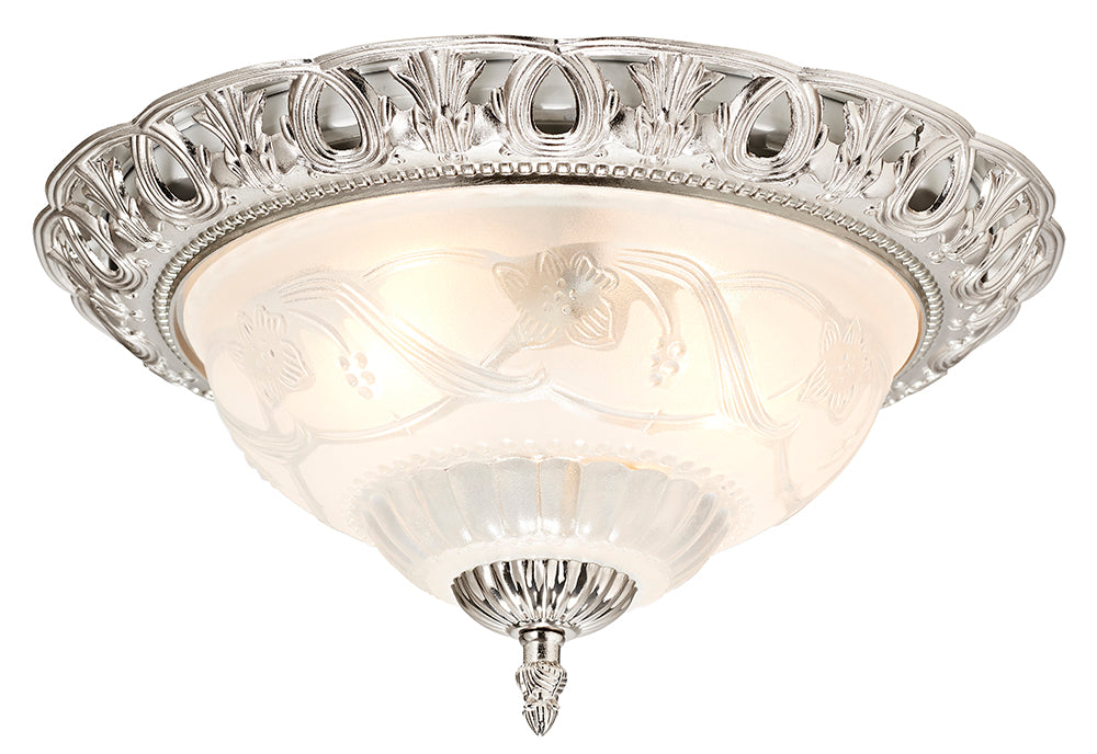 Traditional Satin Nickel and Floral Glass Flush Ceiling Light Image 1