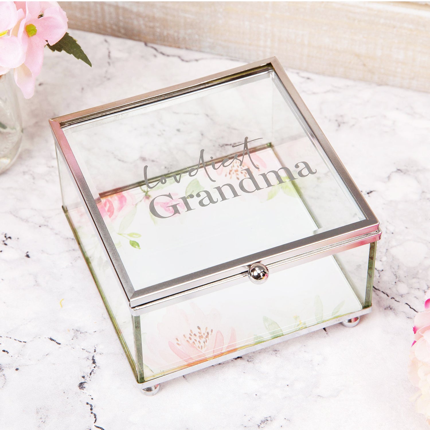 Beautiful Glass and Metal Grandma Trinket Keepsake Box with Floral Decoration Image 2