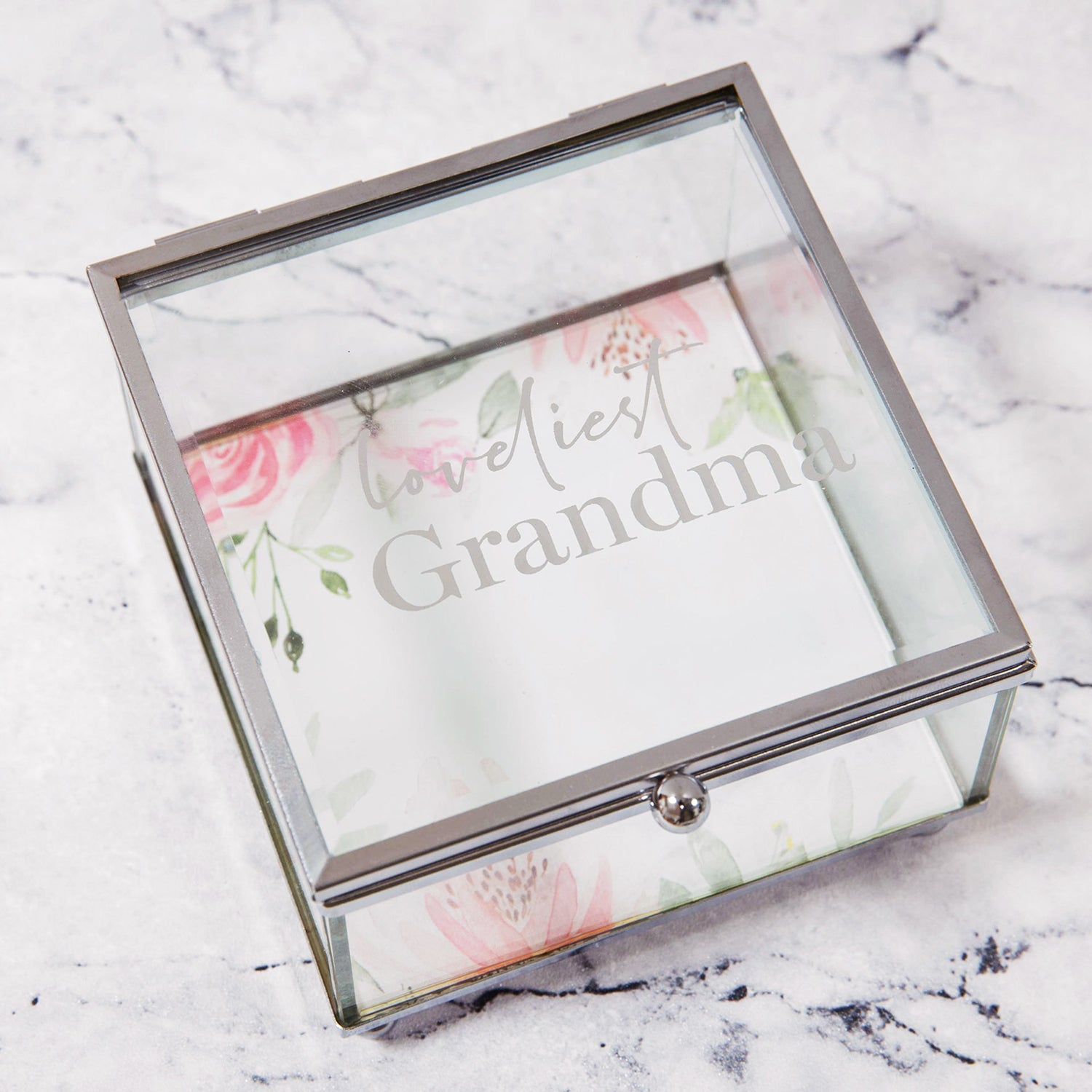 Beautiful Glass and Metal Grandma Trinket Keepsake Box with Floral Decoration Image 3