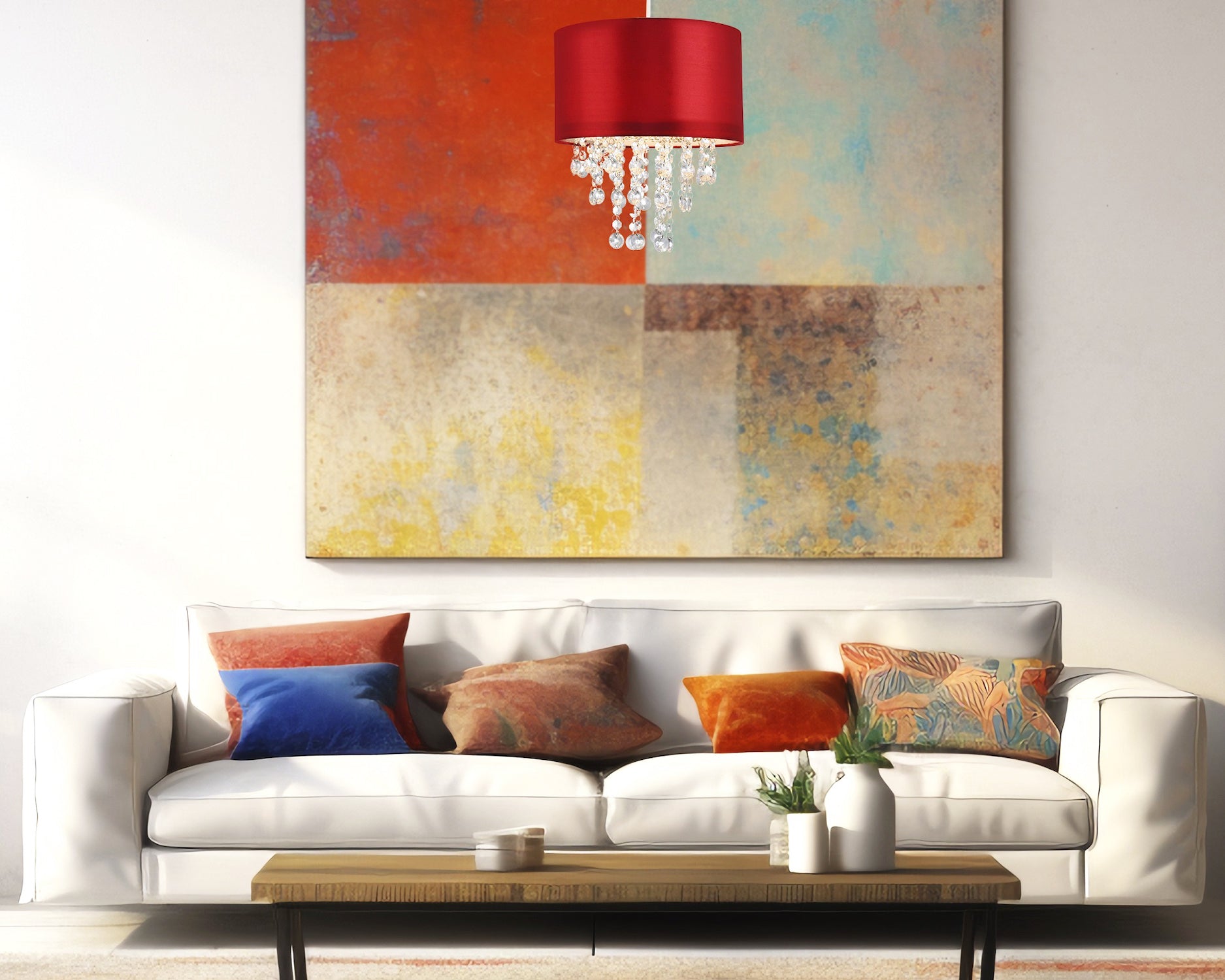 Modern Red Satin Fabric Pendant Light Shade with Transparent Acrylic Droplets Image 6