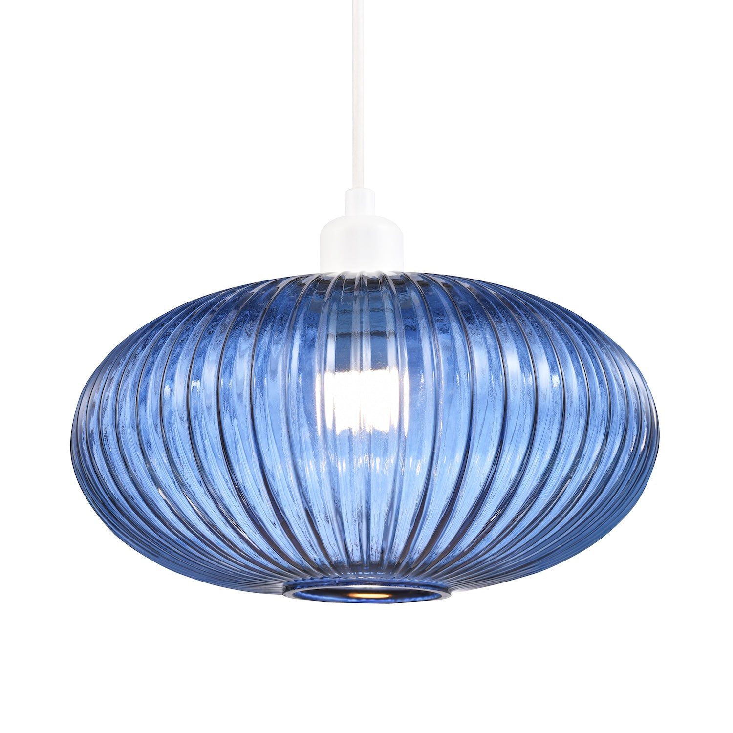 Modern Designer Navy Midnight Blue Line Ribbed Glass Oval Pendant Lamp Shade Image 1