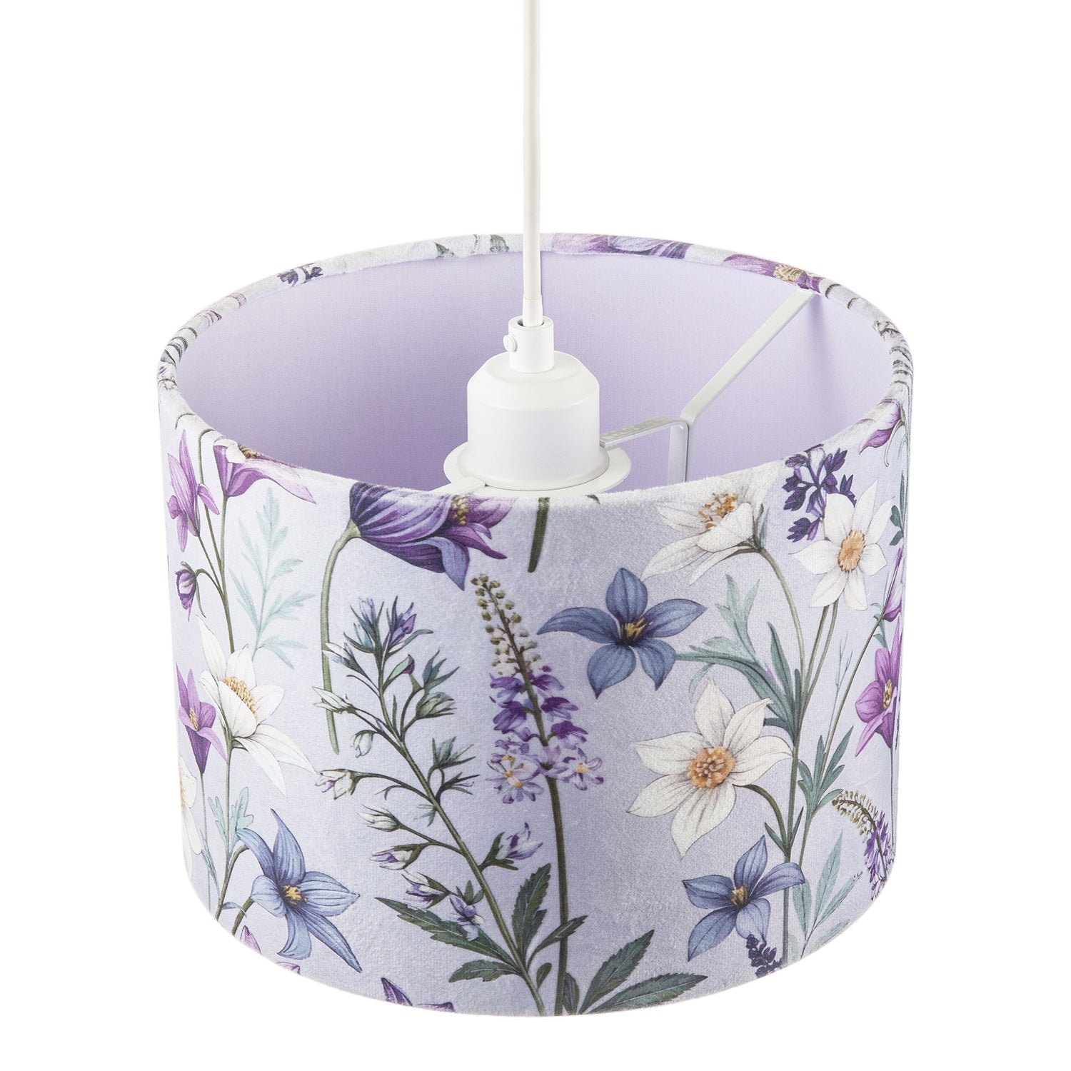 Vivid and Chic Lavender Velvet Lamp Shade with Blue and White Flowers Image 3