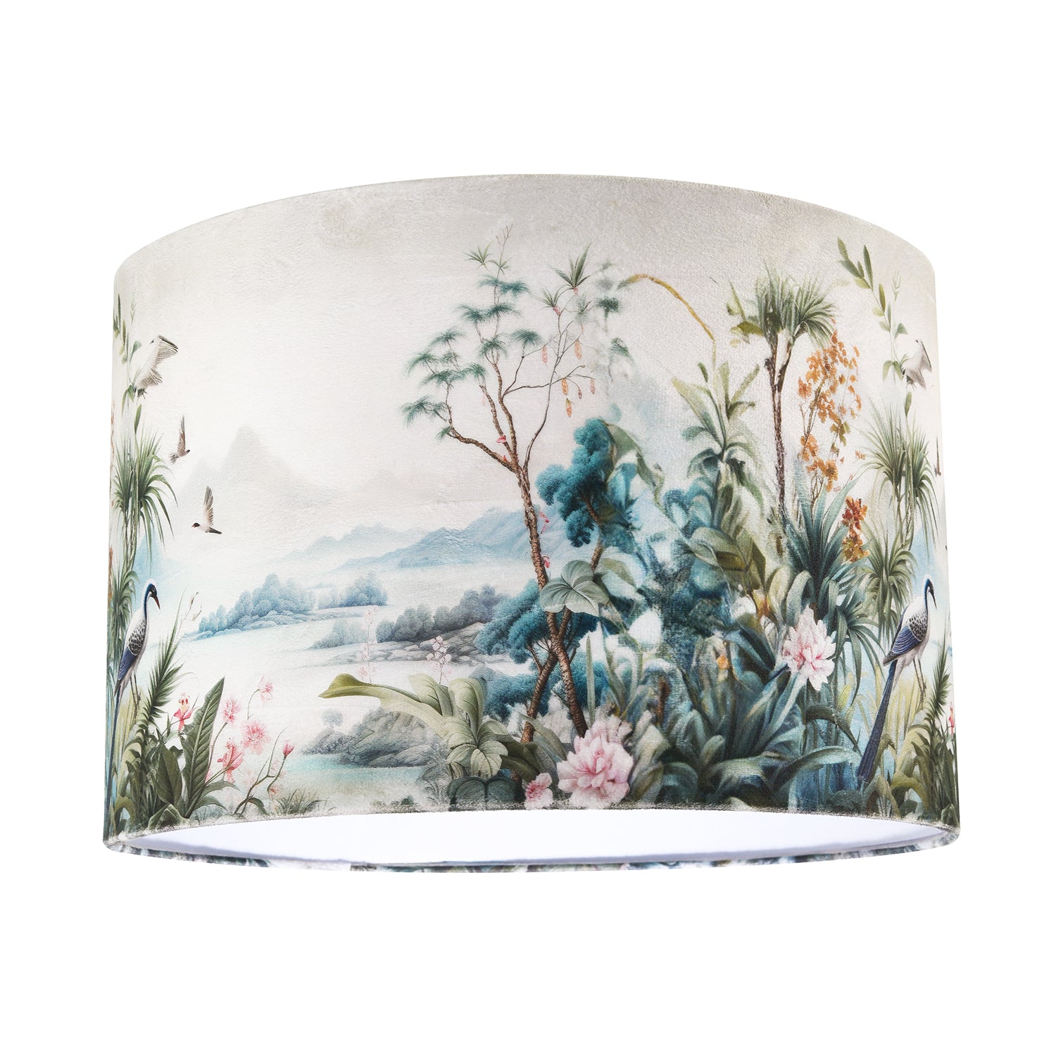 Jungle and Mountain Velvet Fabric Shade with Pink Flowers and Birds Image 1