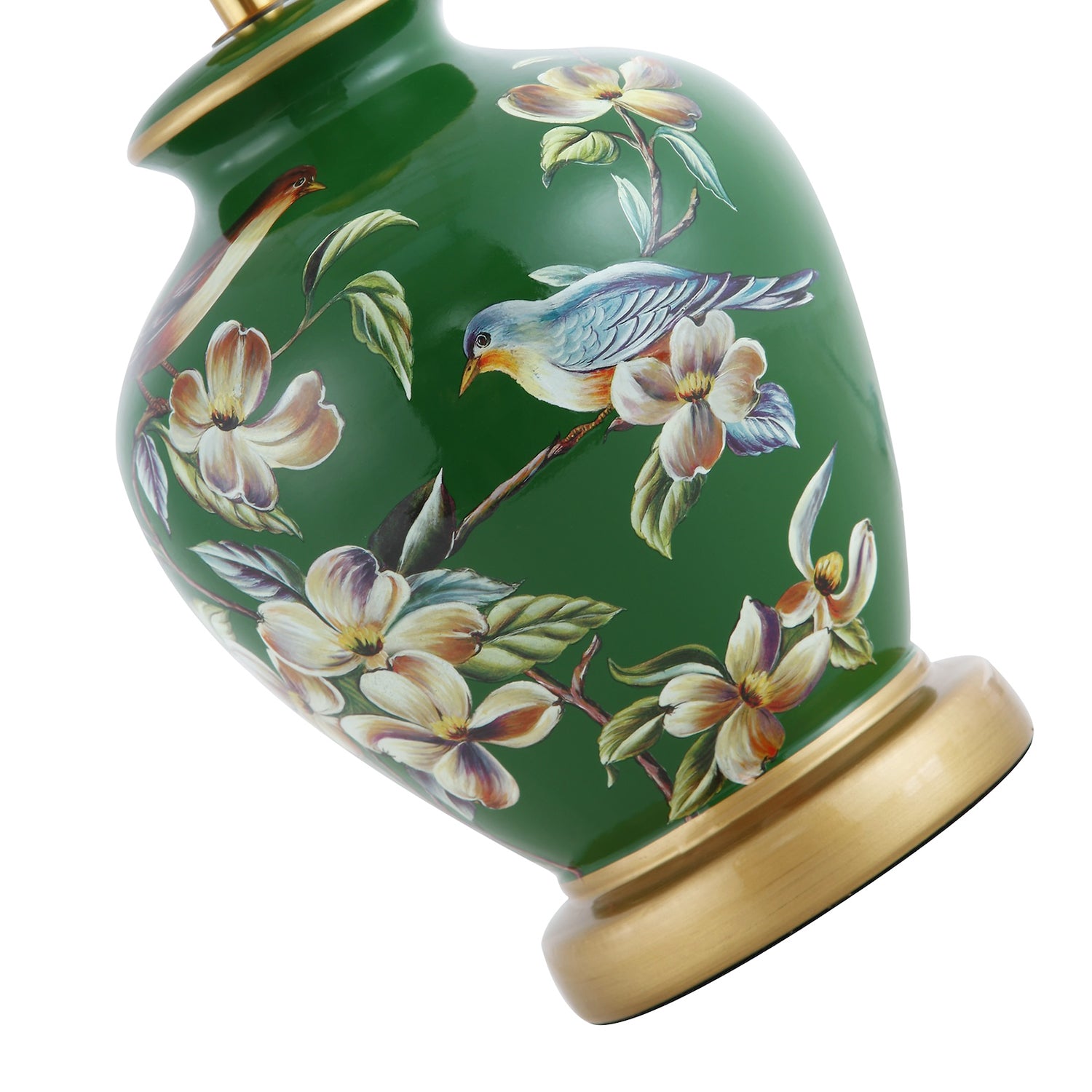 Deep Forest Green Ceramic Gloss Table Lamp Base with Birds and Floral Decoration Image 4