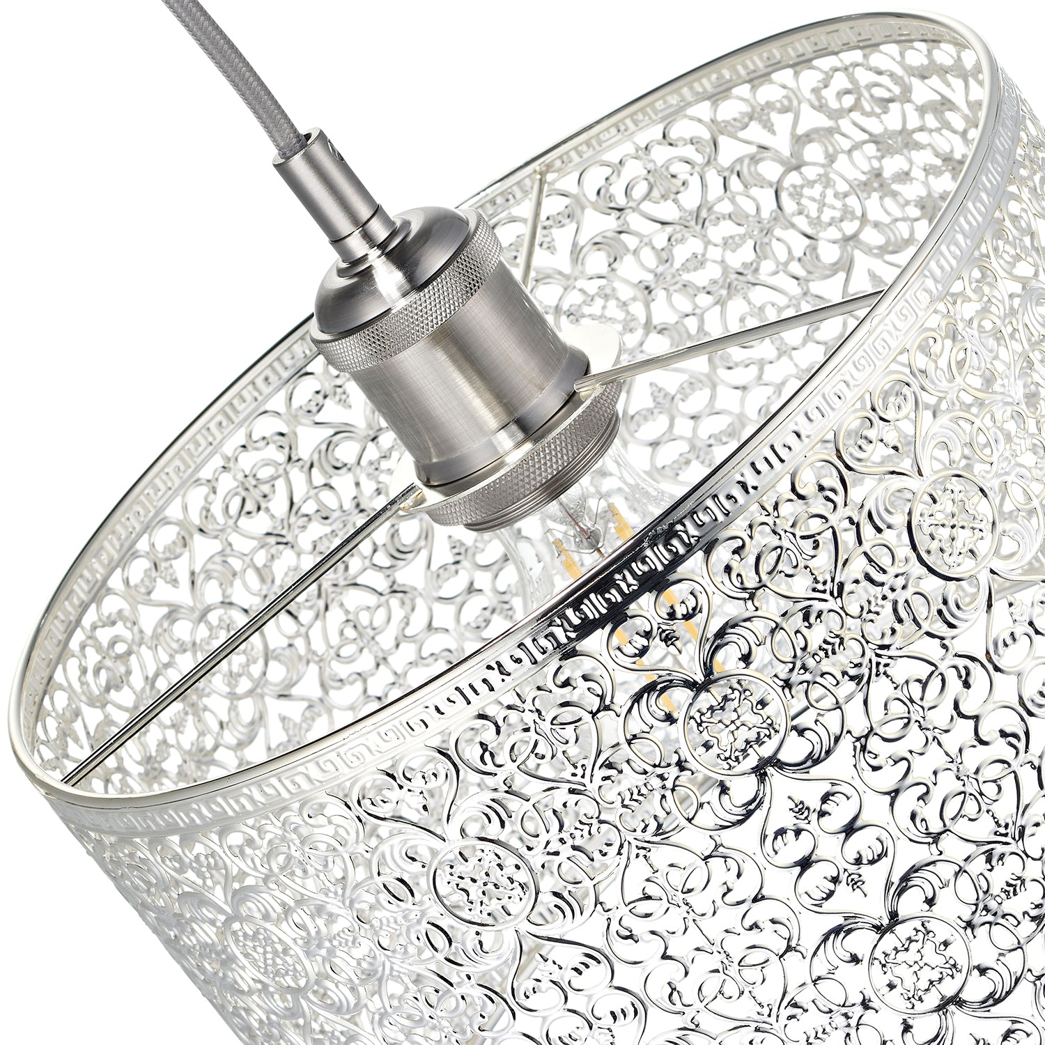 Ornate Moroccan Style Decorated Shiny Silver Metal Pendant Shade 25cm x 15cm Image 5