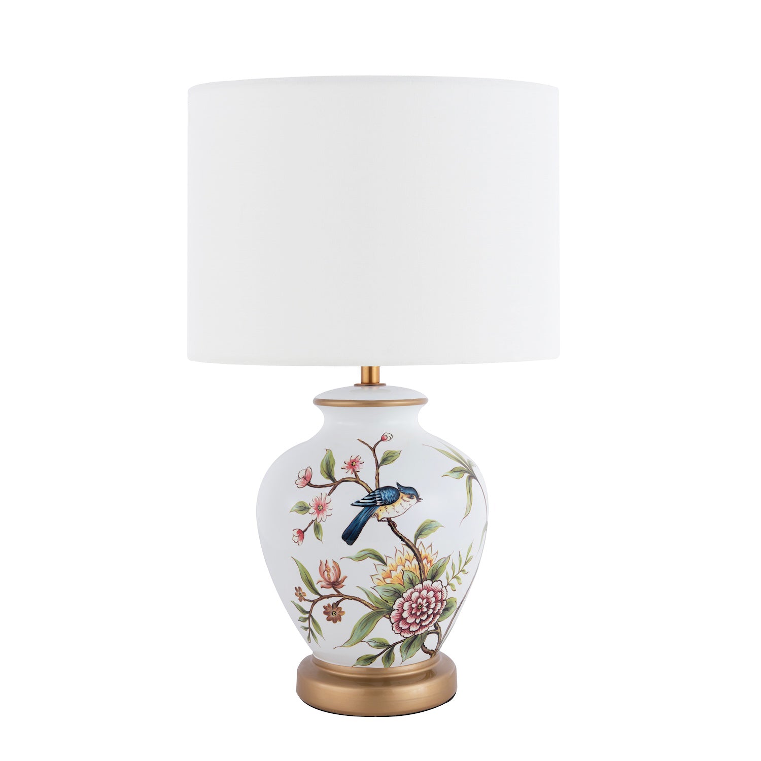 Traditional Ceramic Lamp Base in White Gloss with Coloured Birds and Flowers Image 3