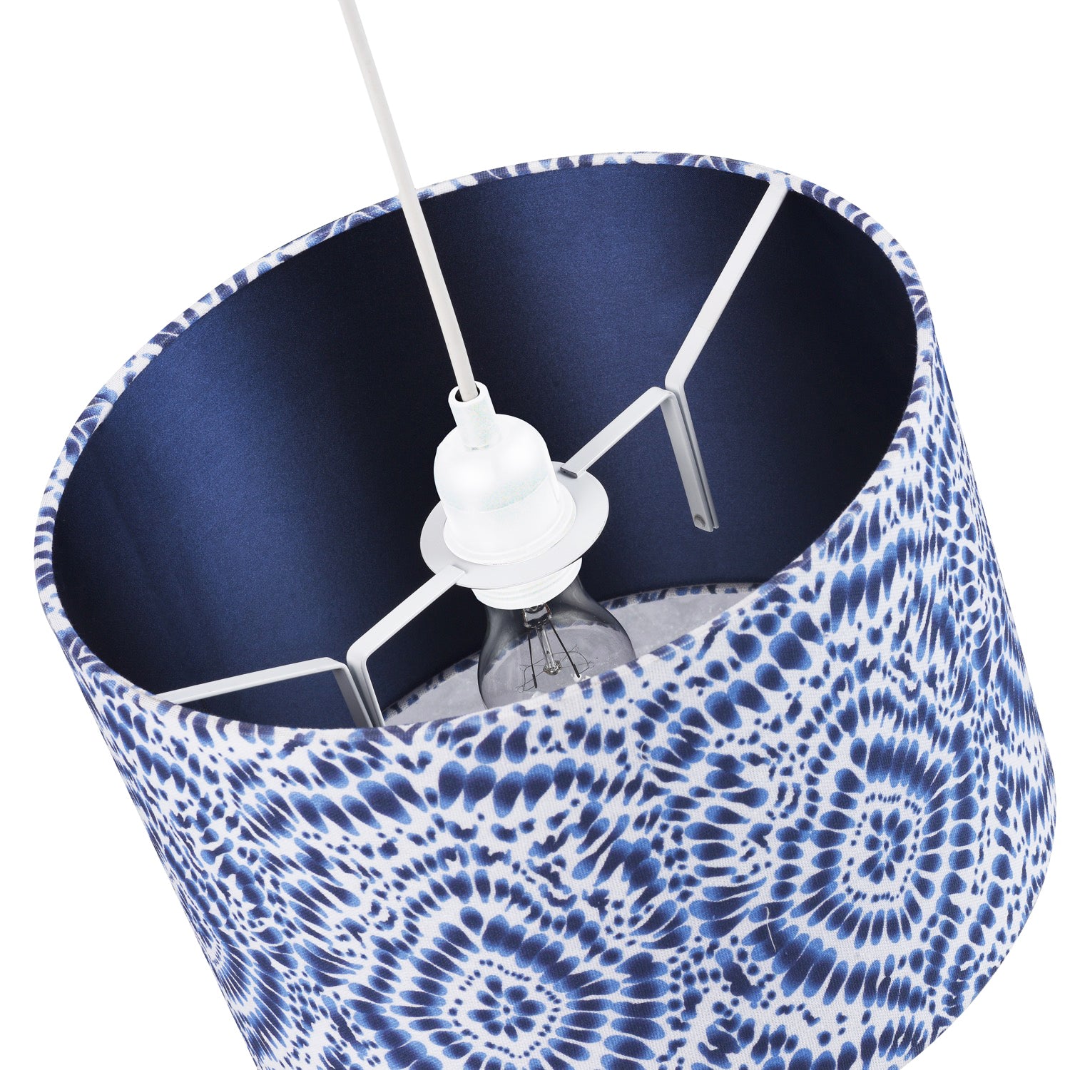 Modern Kaleidoscope Design Drum Lamp Shade in White and Midnight Blue Linen Image 3