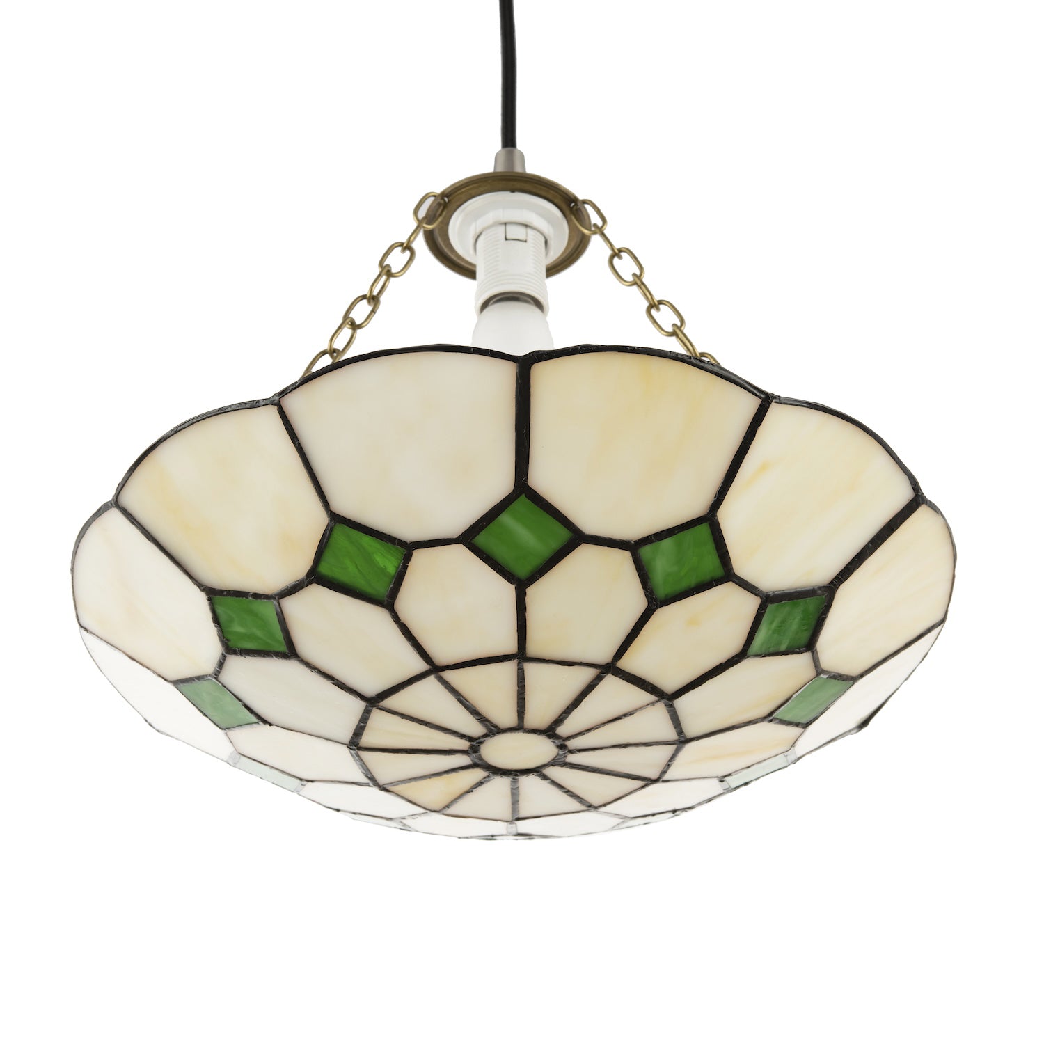 Classic Amber Stained Glass Tiffany Pendant Lighting Shade with Green Diamonds Image 5