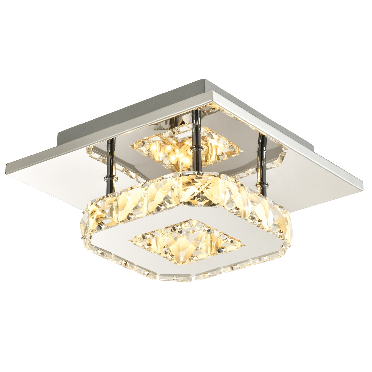 Modern LED Ceiling Light with Chrome Square Metal and Clear Crystal Glass Beads Image 1