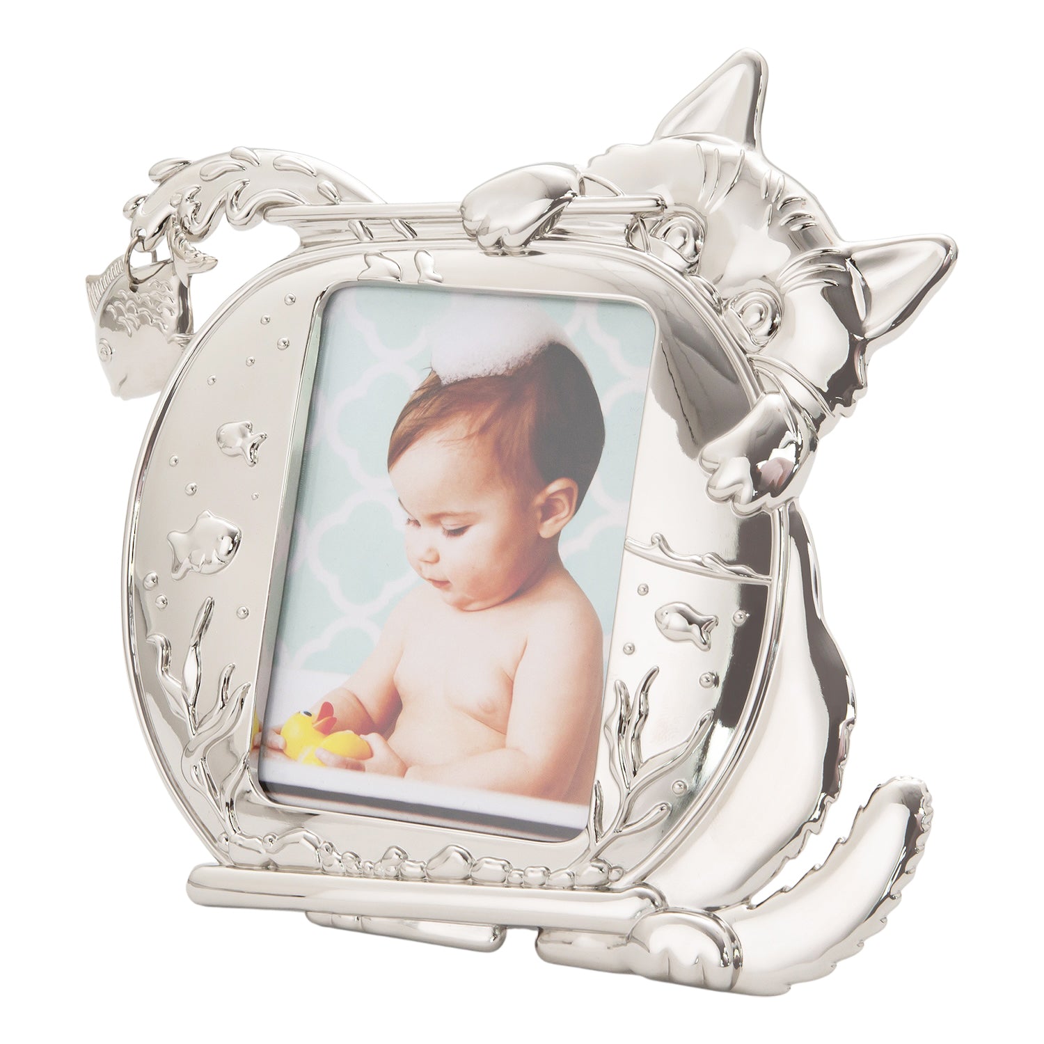 Quirky Hiding Cat Themed Nickel Plated Picture Frame with Hanging Fish Image 1